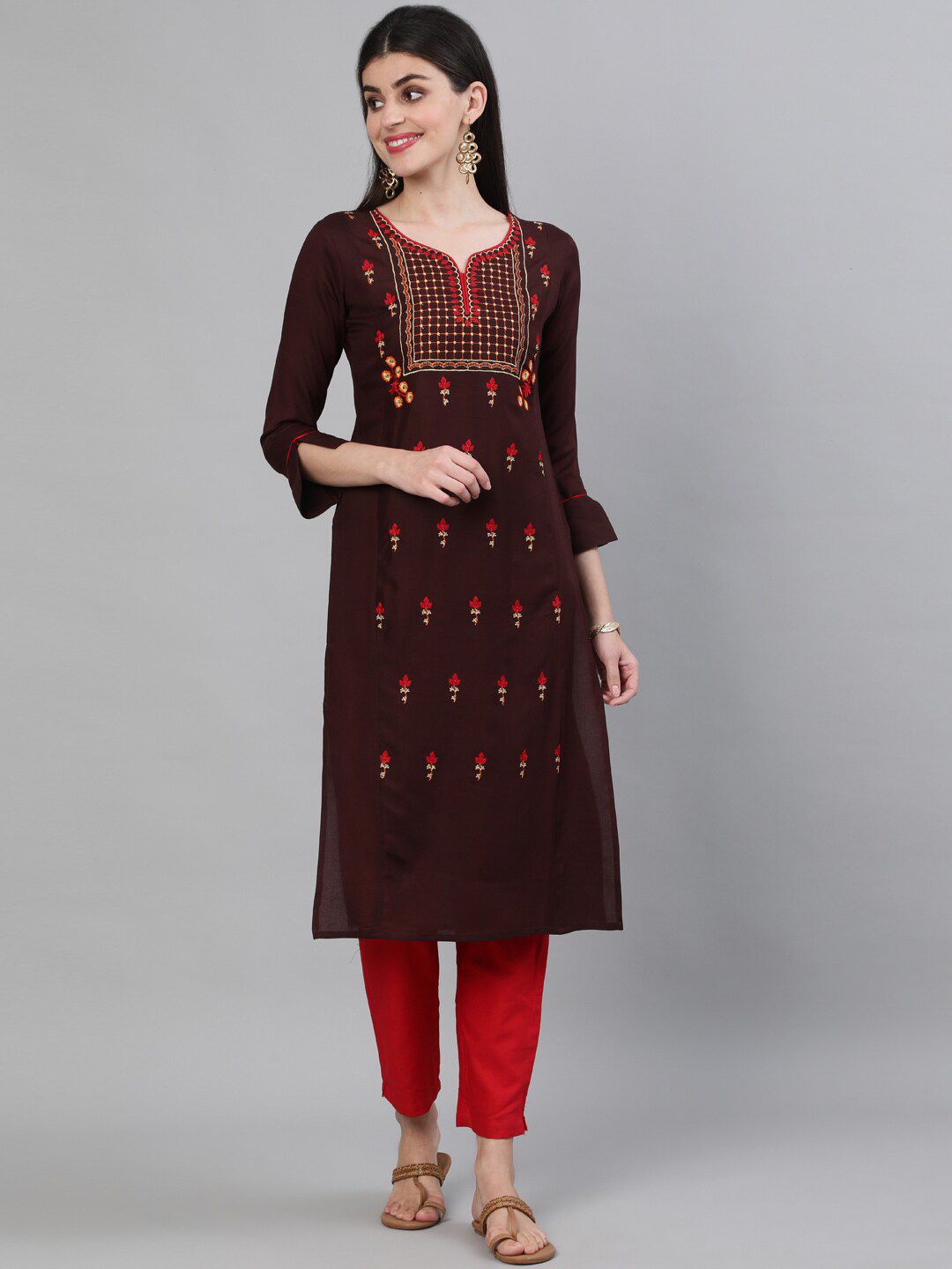KIMAYRA Women Brown & Red Ethnic Motifs Embroidered Cotton Kurta Price in India