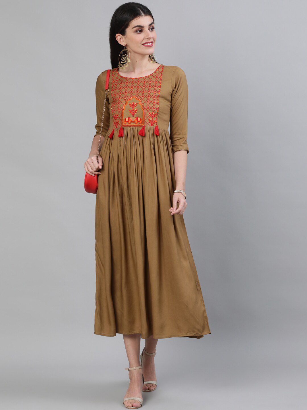 KIMAYRA Brown Embroidered Ethnic A-Line Midi Dress Price in India