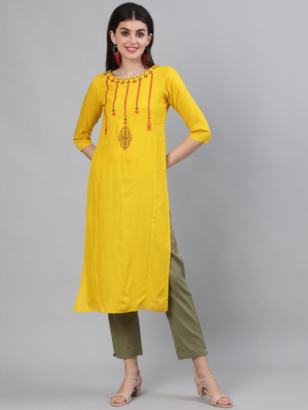 KIMAYRA Women Yellow Mirror Work Yoke Design Kurta Price in India
