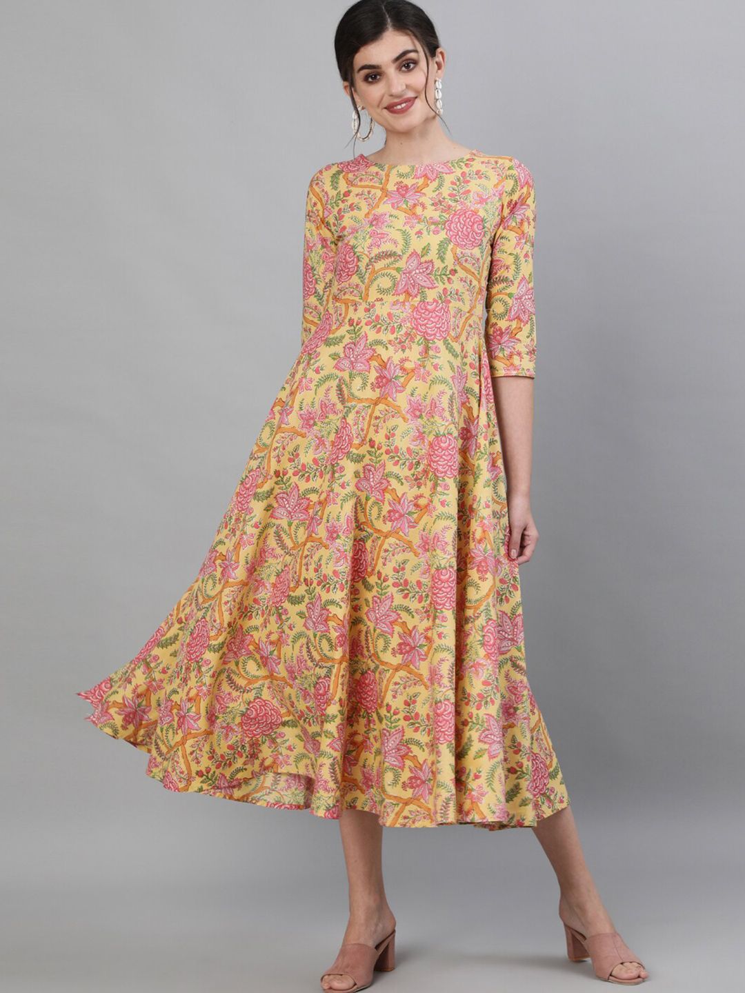 KIMAYRA Women Yellow Floral Printed A-Line Midi Dress Price in India