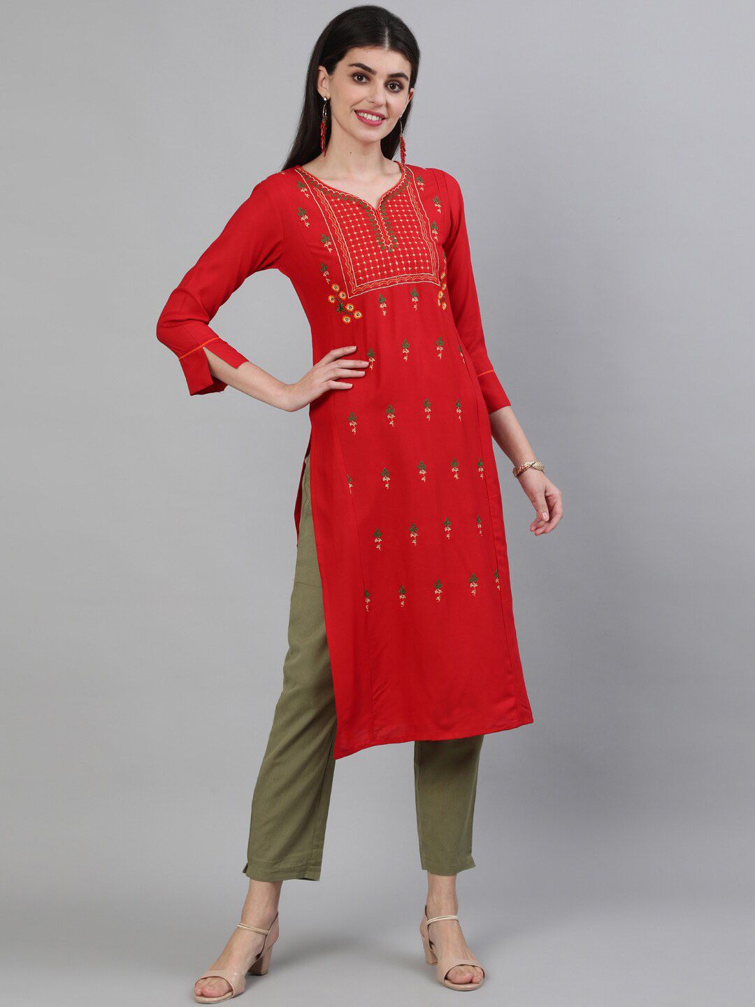 KIMAYRA Women Red Floral Yoke Design Thread Work Kurta Price in India