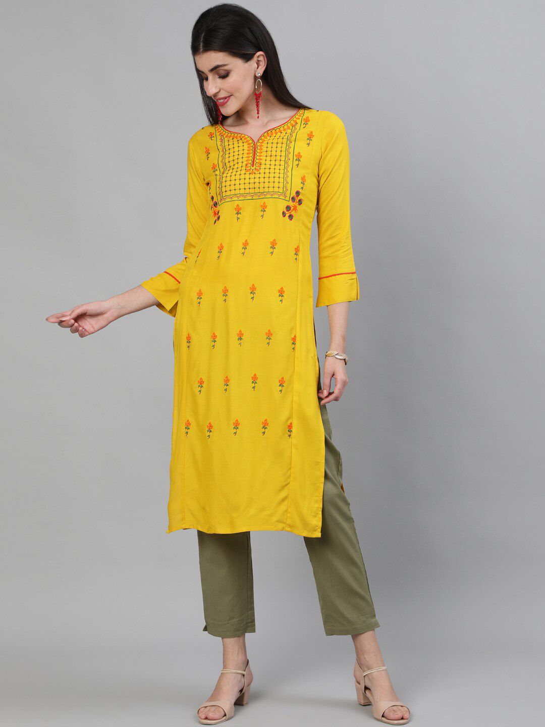 KIMAYRA Women Yellow & Green Floral Embroidered Kurta Price in India