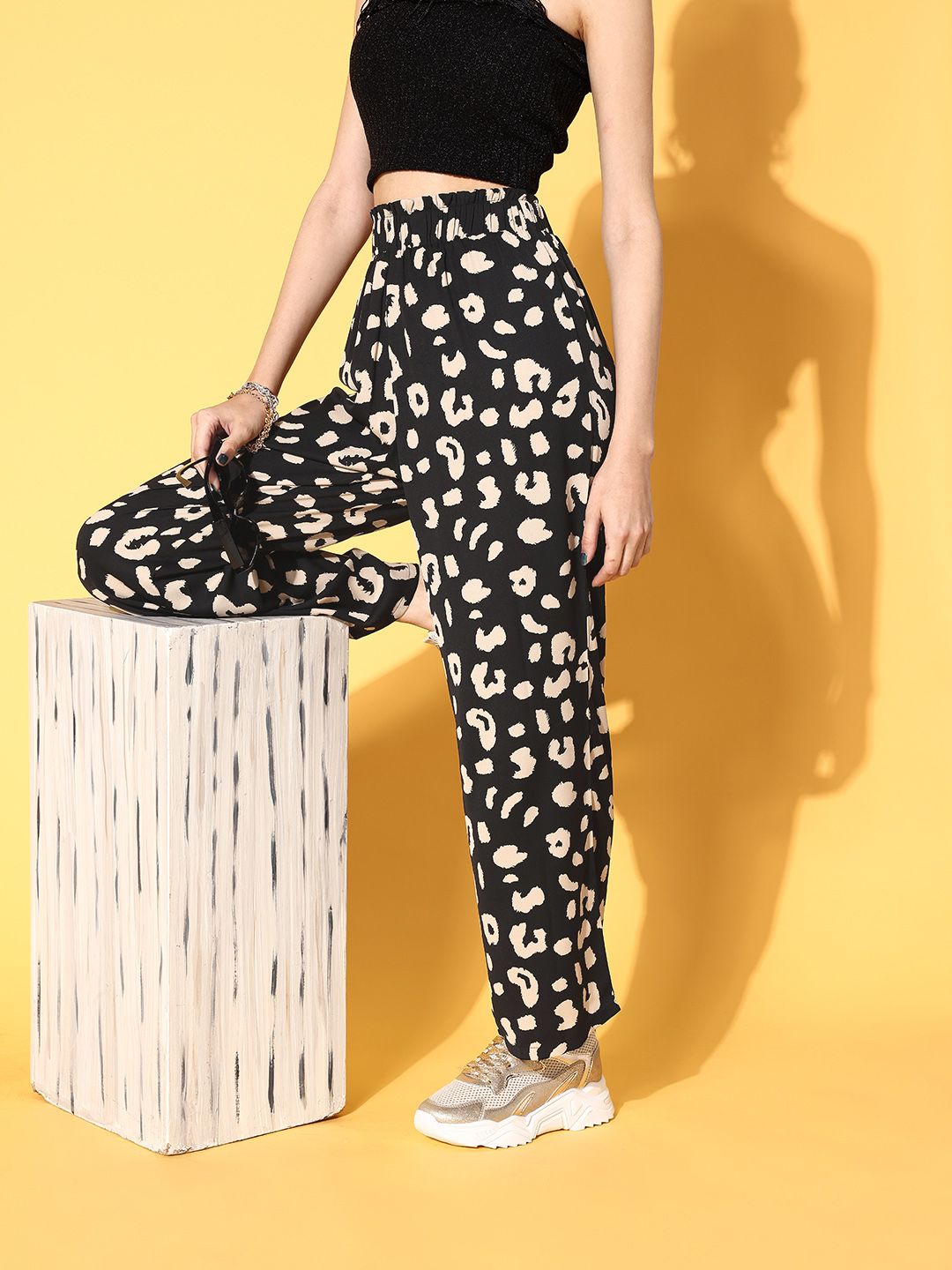 Berrylush Women Stylish Black Animal Printed Wide Leg Bottom Trousers Price in India