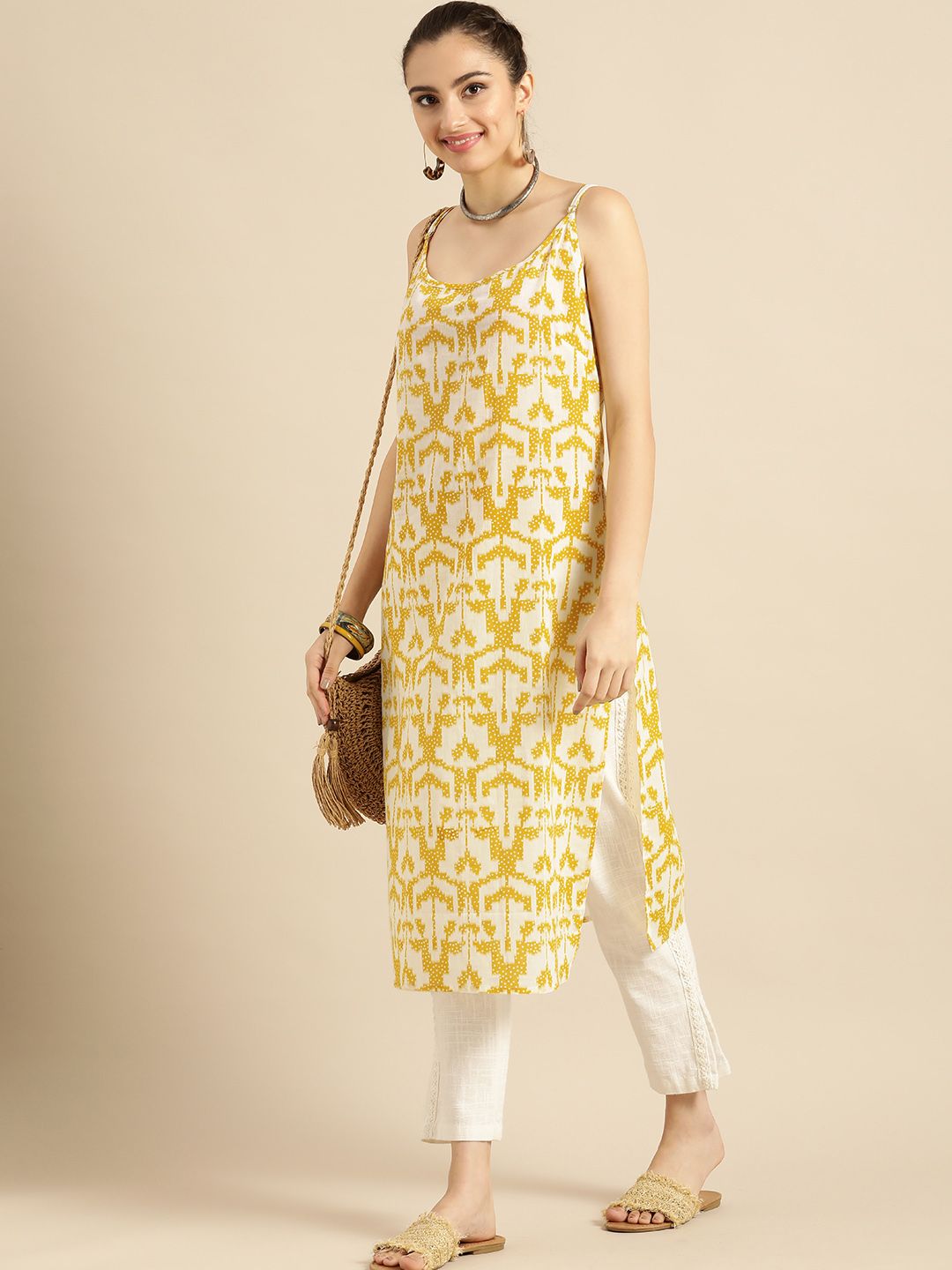 Sangria Women Mustard Yellow & Yellow Printed Cotton Kurta Price in India