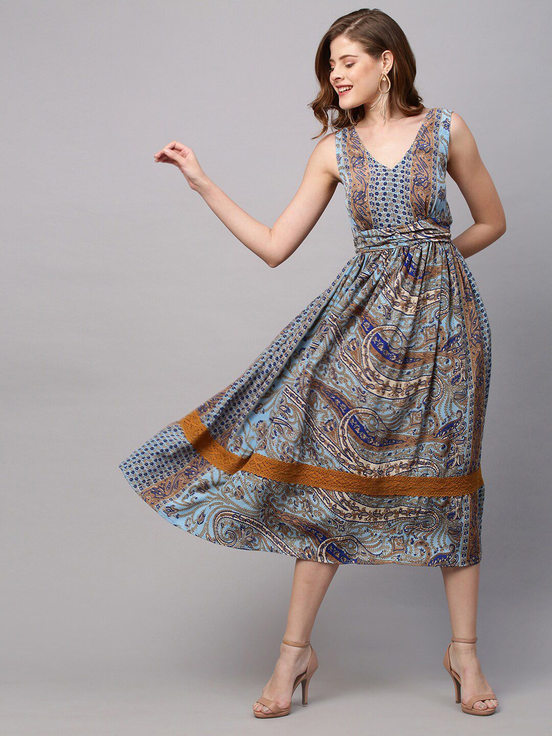 FASHOR Blue Ethnic Motifs A-Line Midi Dress Price in India