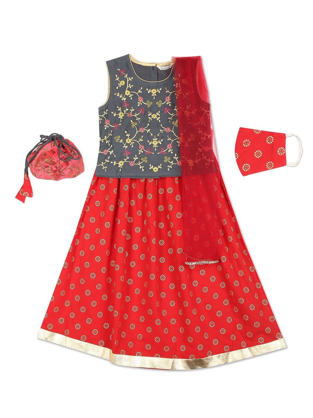Karigari Girls Assorted Embroidered Kalamkari Ready to Wear Lehenga & Blouse With Dupatta
