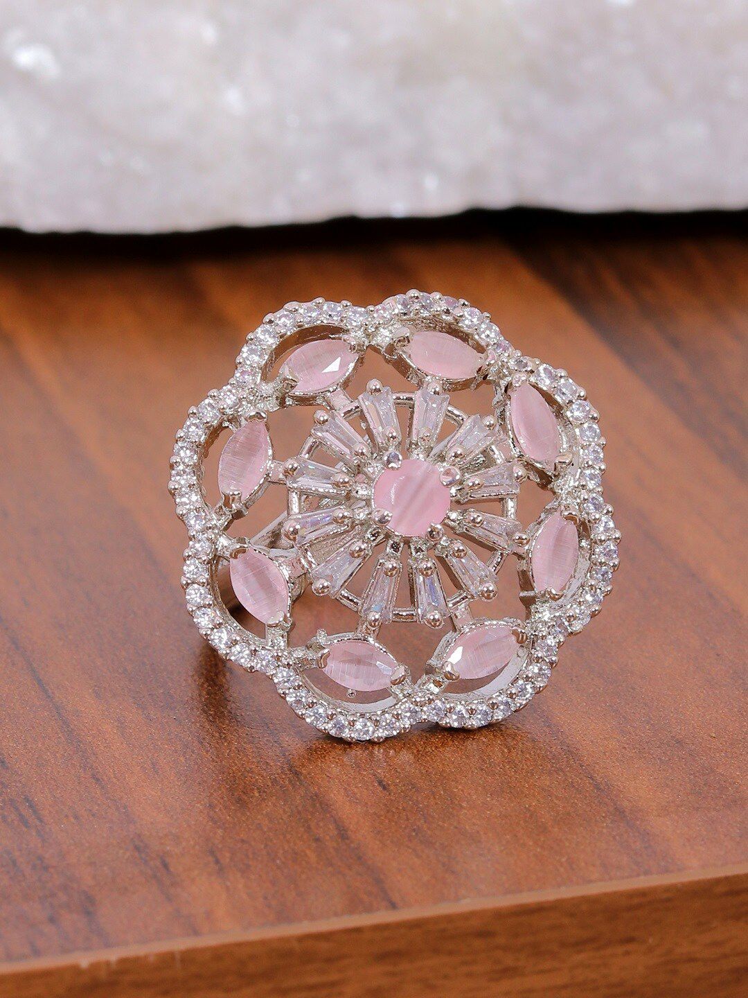 SwaDev Silver-Plated Pink & White AD & Stone-Studded Ring Price in India