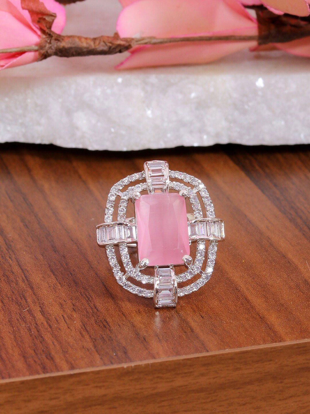 SwaDev Silver-Plated Pink AD-Studded Big Oval Design Finger Ring Price in India