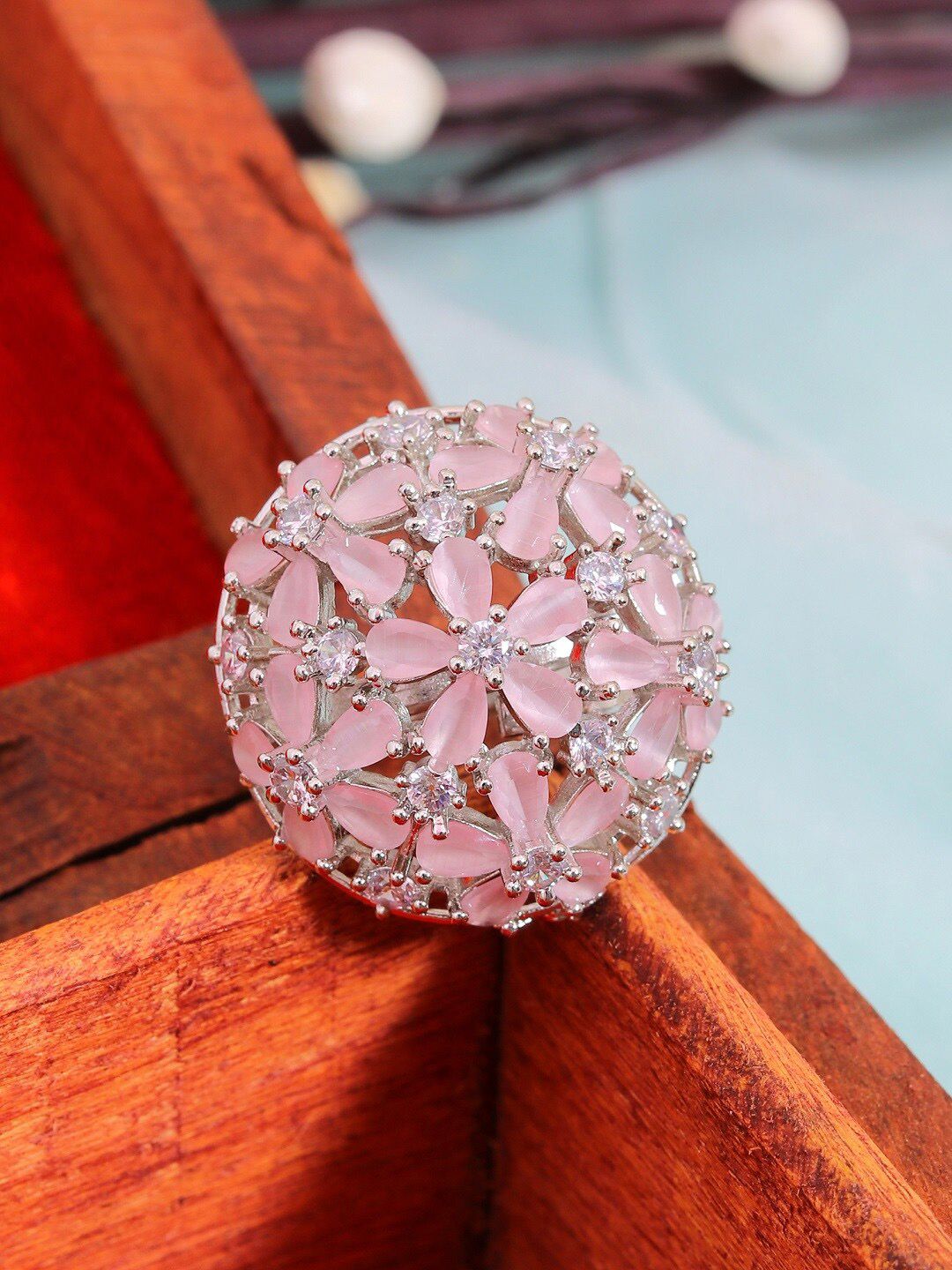 SwaDev Silver-Plated Pink Stone-Studded Floral Finger Ring Price in India