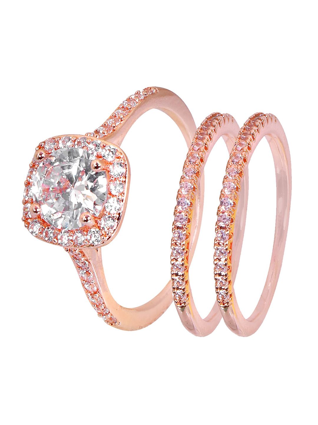 SwaDev Set of 3  Rose Gold-Toned White Stone Studded Ring Price in India