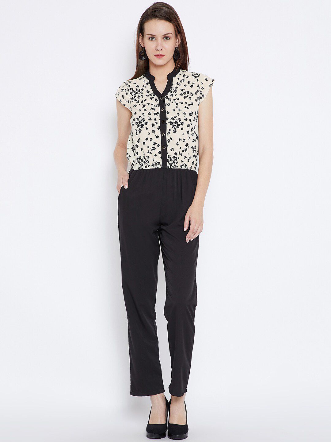 Ruhaans Cream-Coloured & Black Printed Basic Jumpsuit Price in India