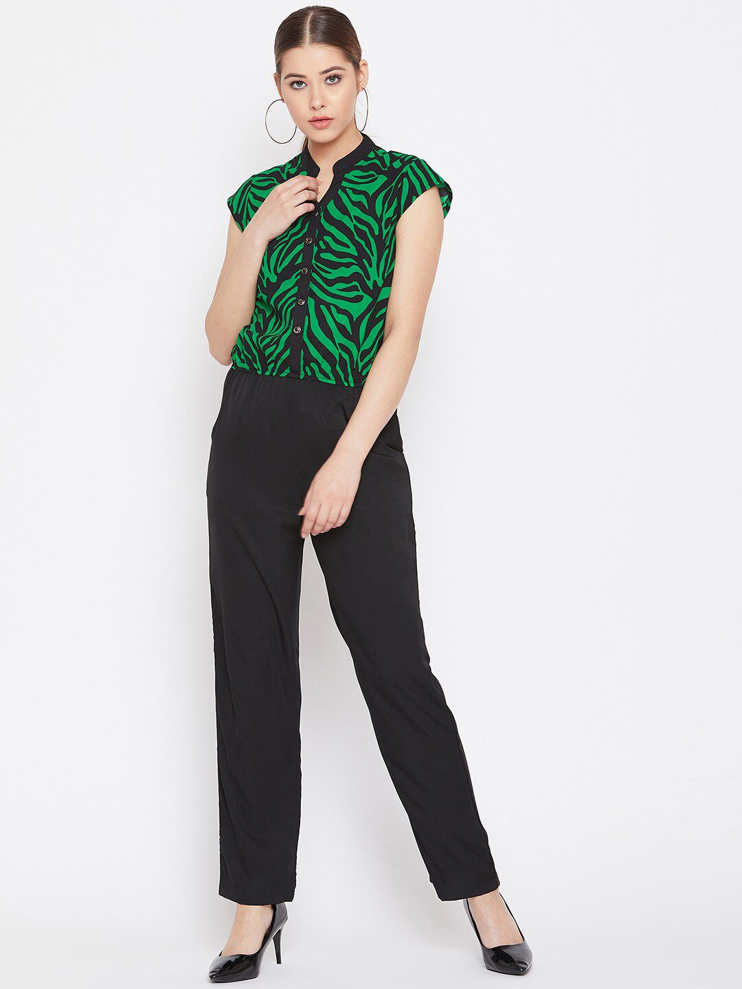 Ruhaans Green & Black Printed Basic Jumpsuit Price in India