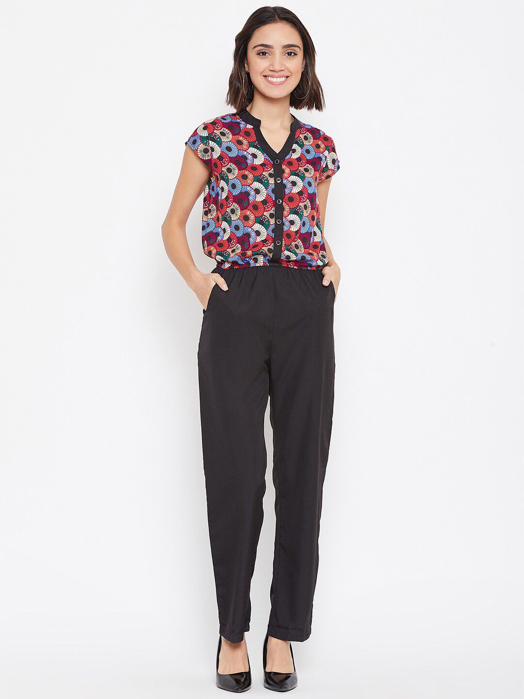 Ruhaans Black & Pink Printed Basic Jumpsuit Price in India