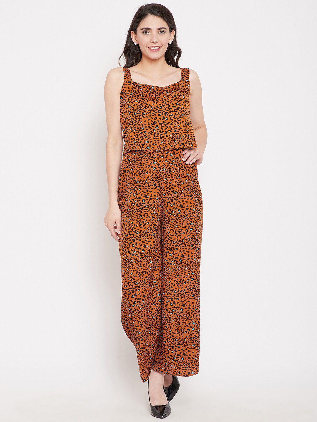 Ruhaans Women Rust & Blue Printed Basic Jumpsuit Price in India