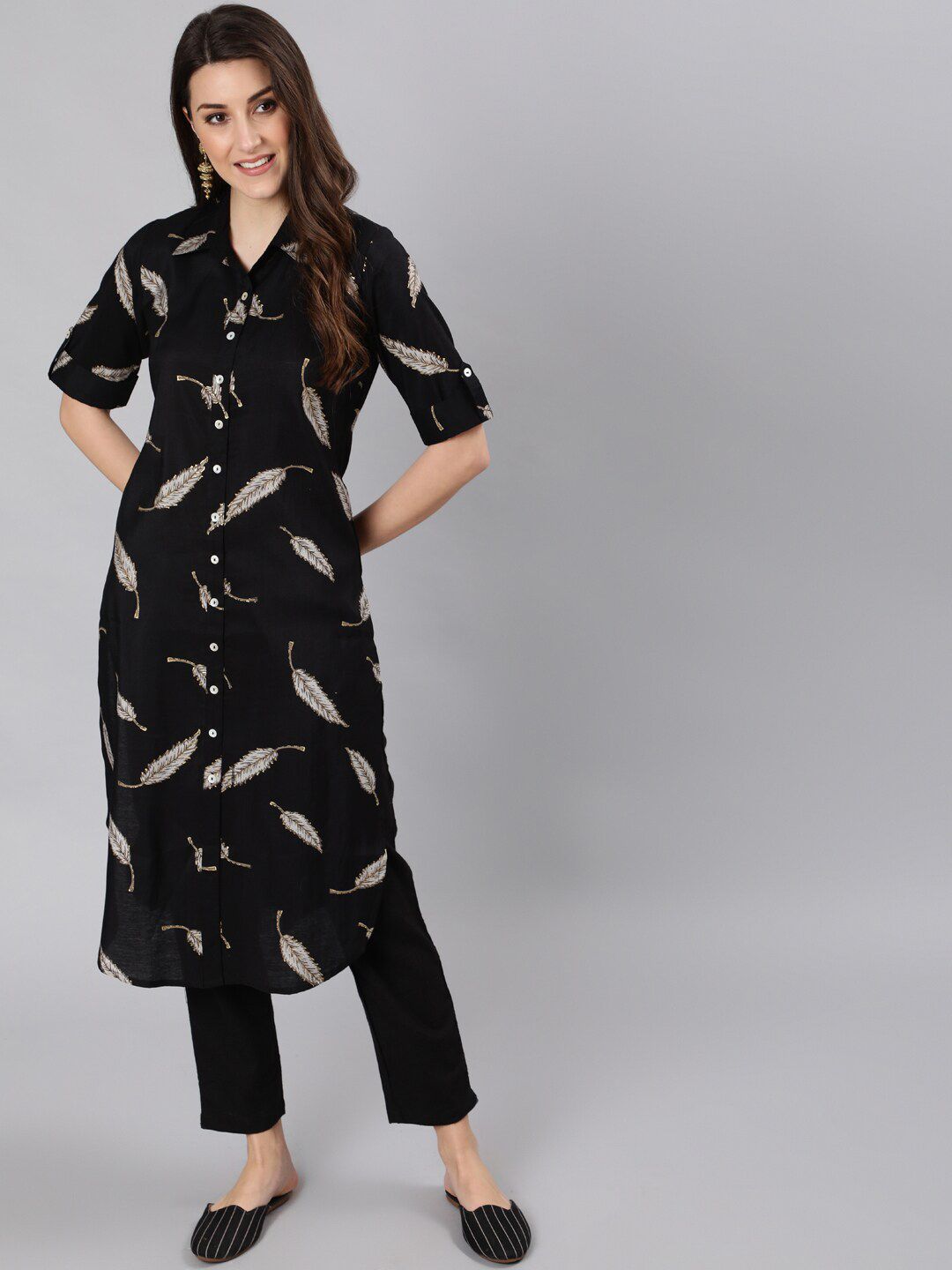 Jaipur Kurti Women Black Printed Flared Sleeves Pathani Kurta Price in India