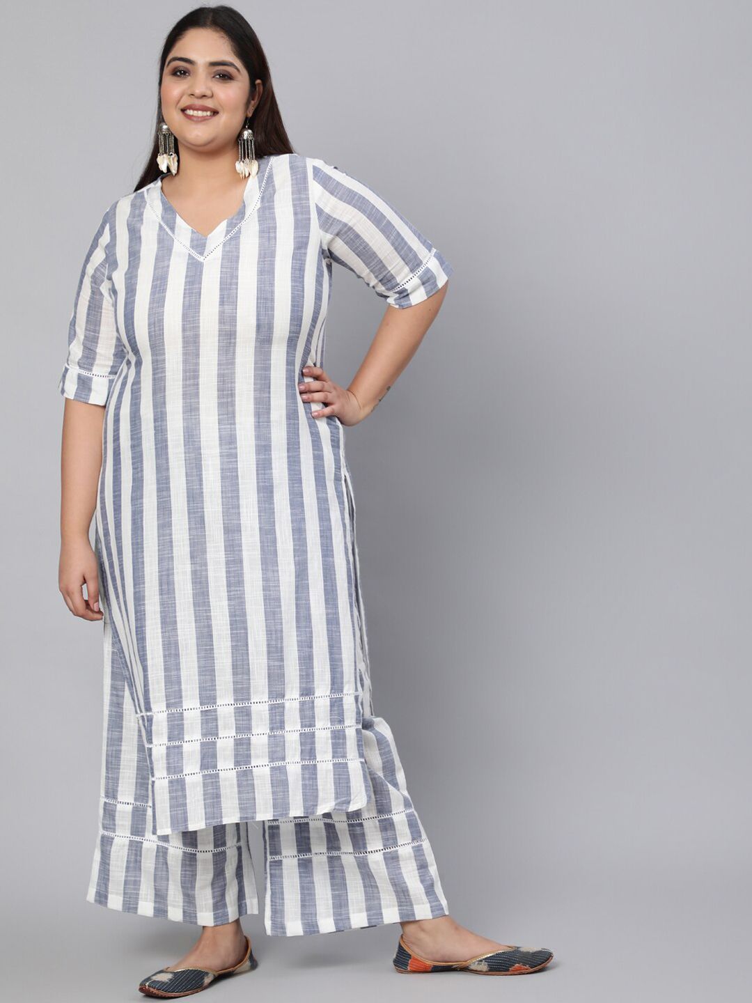 Jaipur Kurti Women White Striped Layered Pure Cotton Kurti with Skirt Price in India