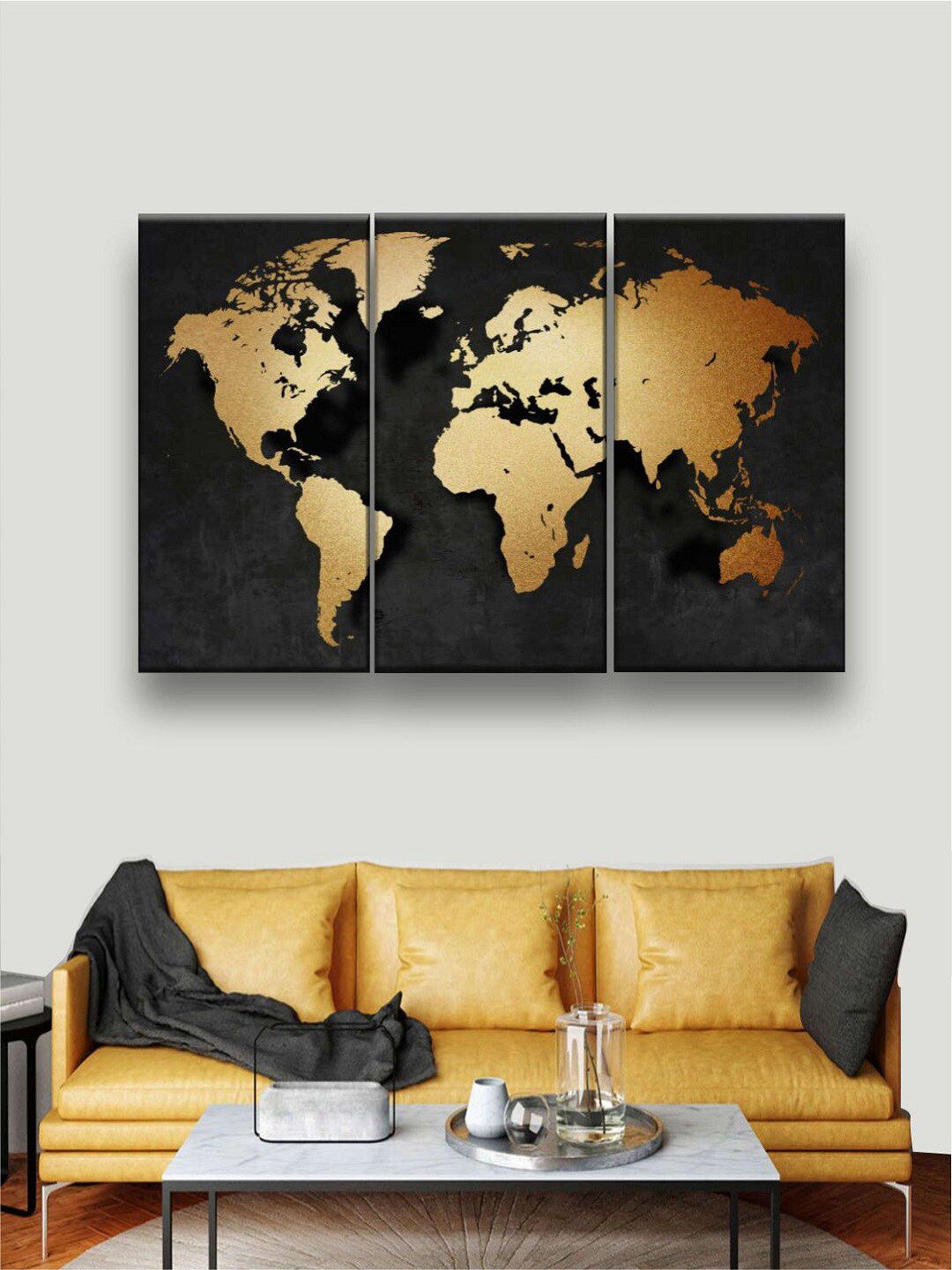 The Art House Set Of 3 Gold-Toned & Black Abstract Painting Framed Wall Art Price in India