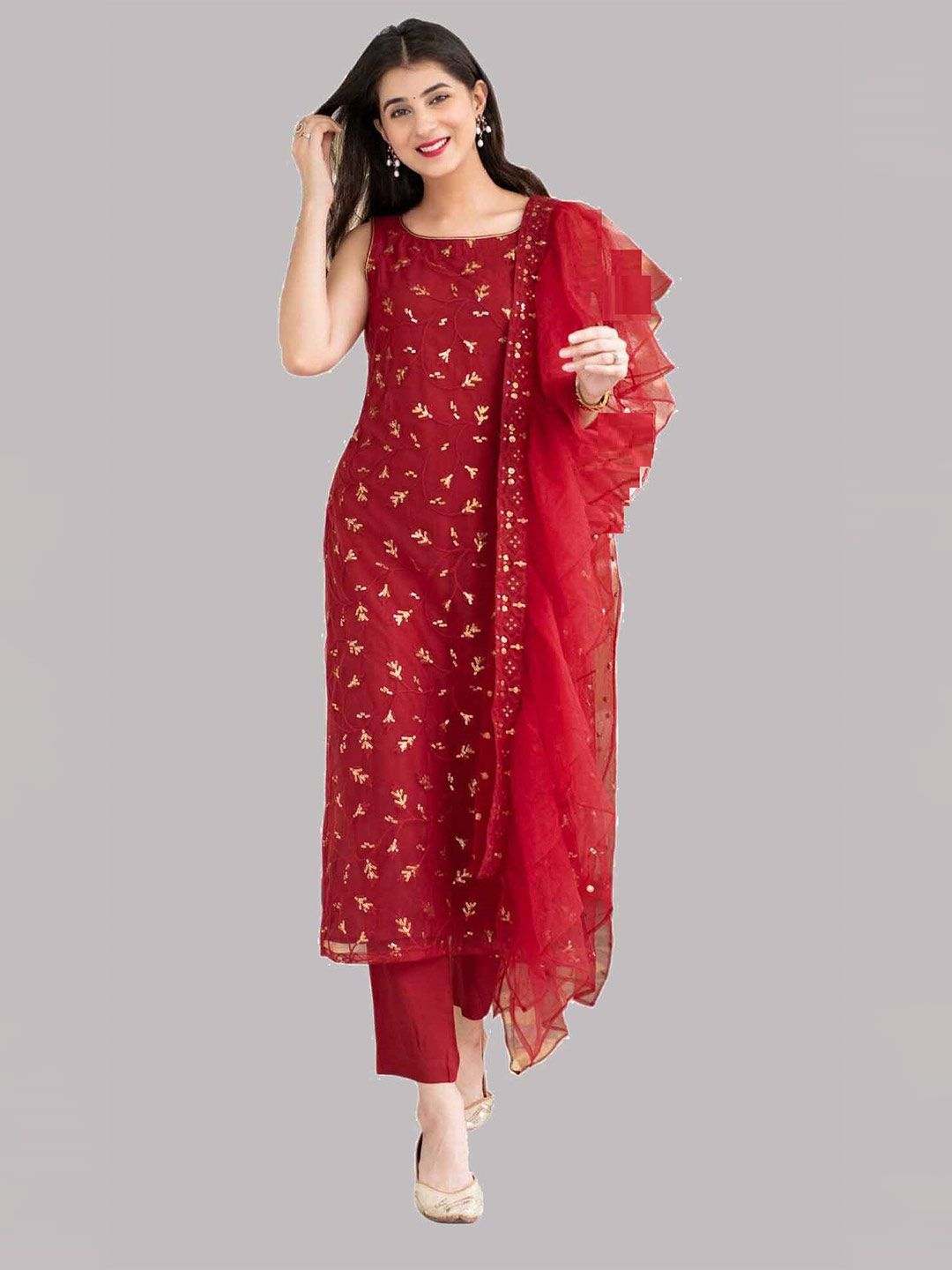 Fashionuma Red & Gold-Toned Embroidered Silk Georgette Semi-Stitched Dress Material Price in India