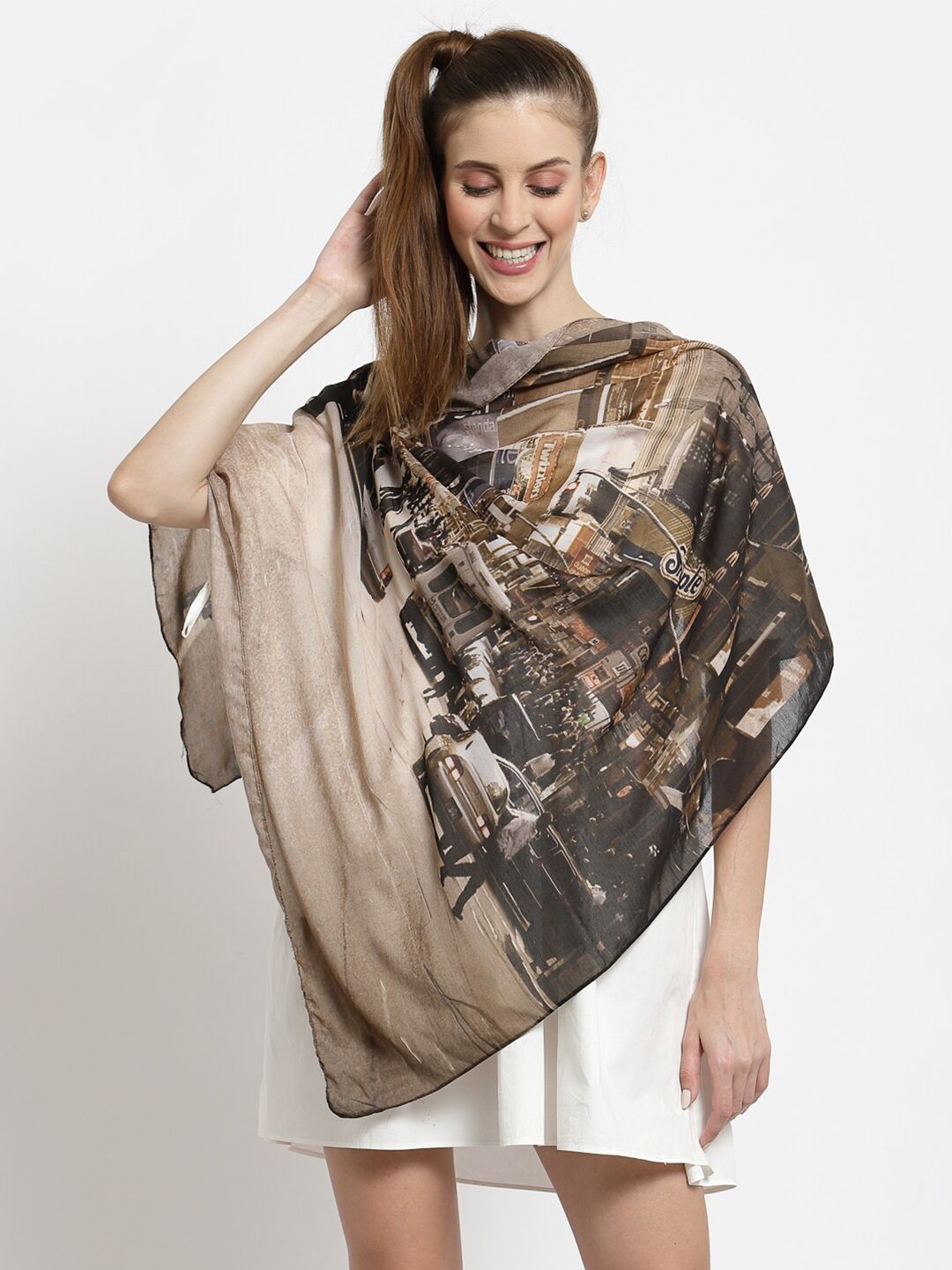 J Style Women Brown & Beige Abstract Printed Cotton Scarf Price in India