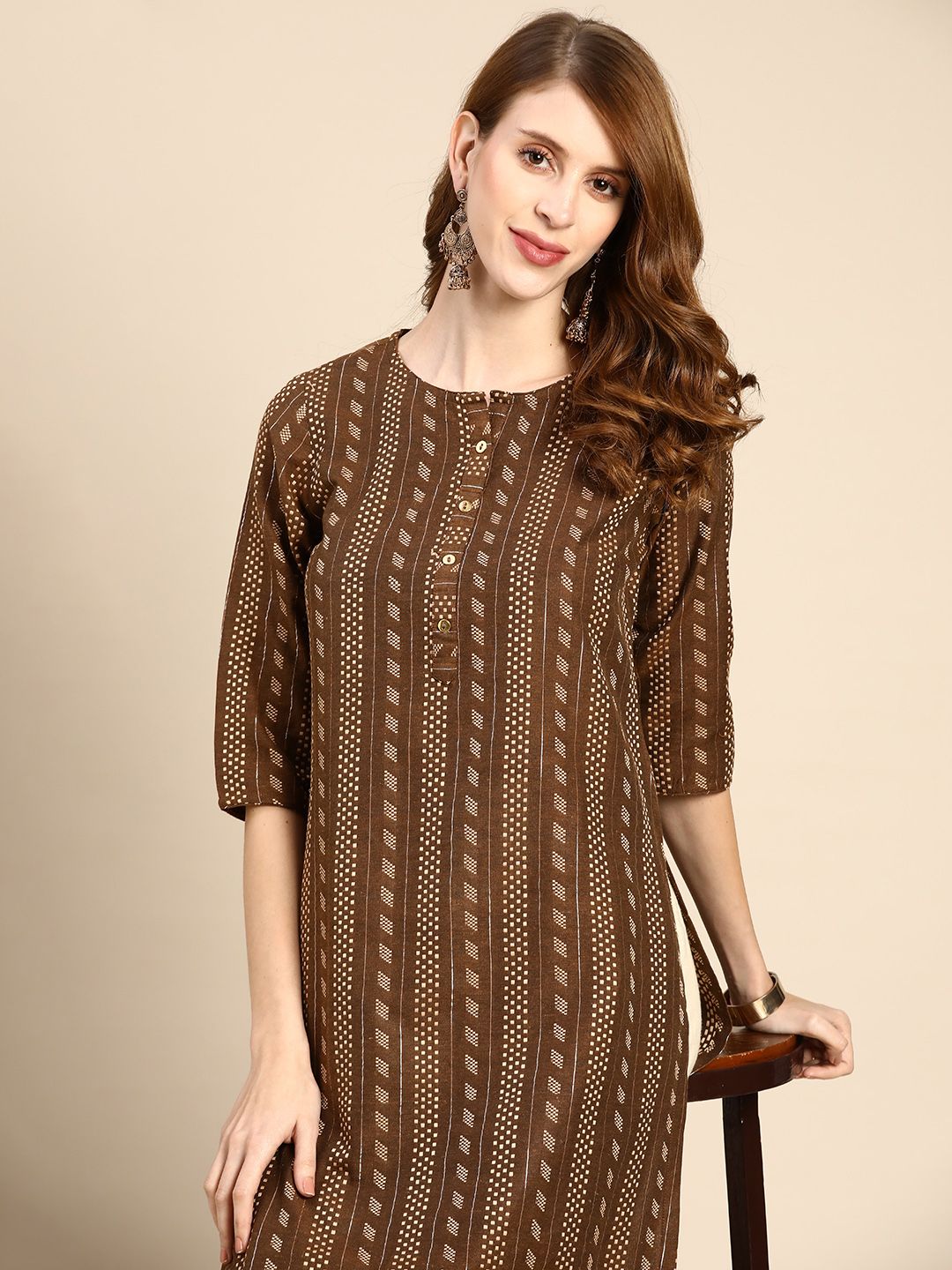 Anouk Women Brown & Beige Geometric Woven Design Kurta Price in India