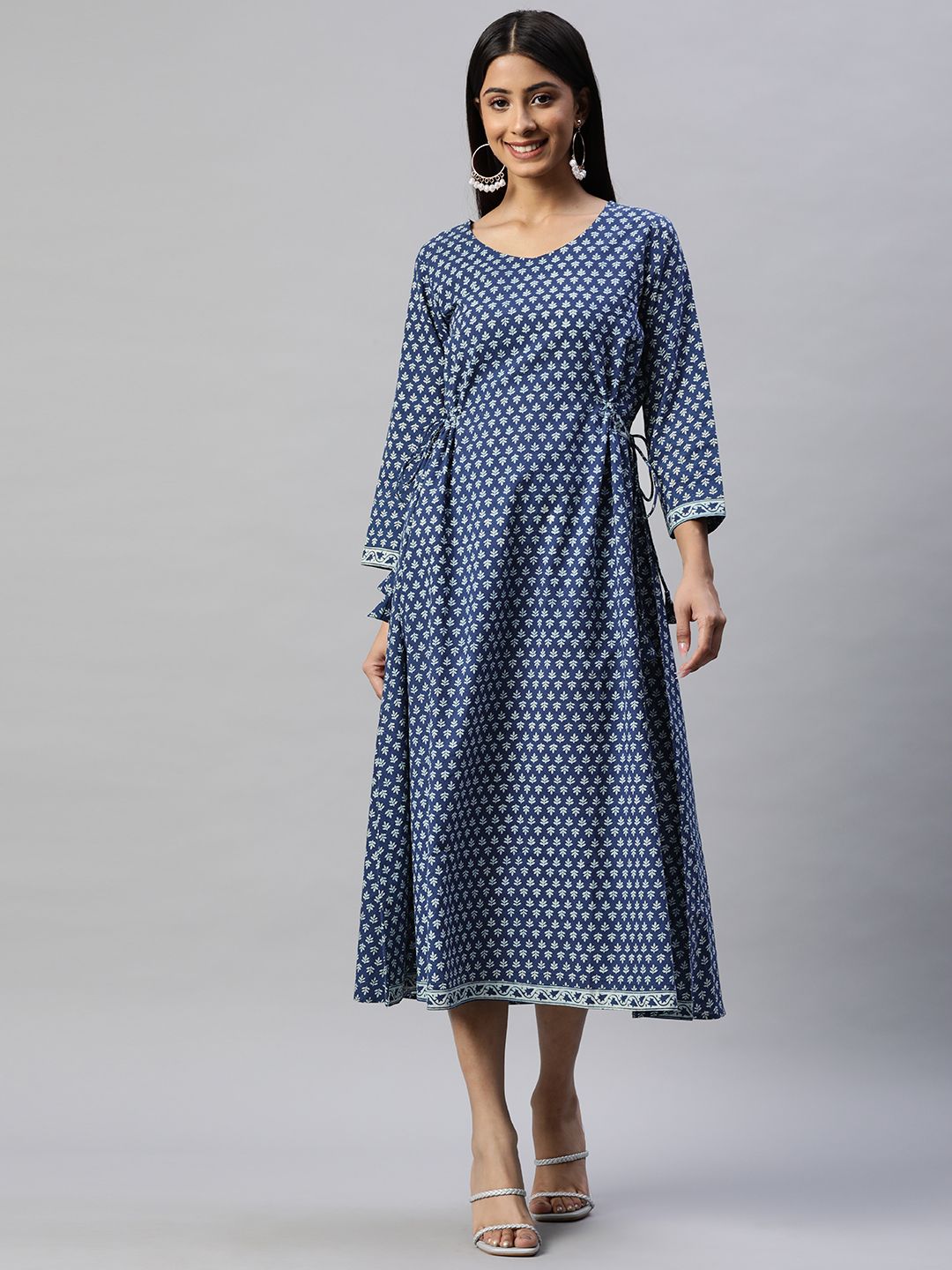 RAJGRANTH Women Blue & White Ethnic Motifs Printed Pure Cotton A-Line Midi Dress Price in India