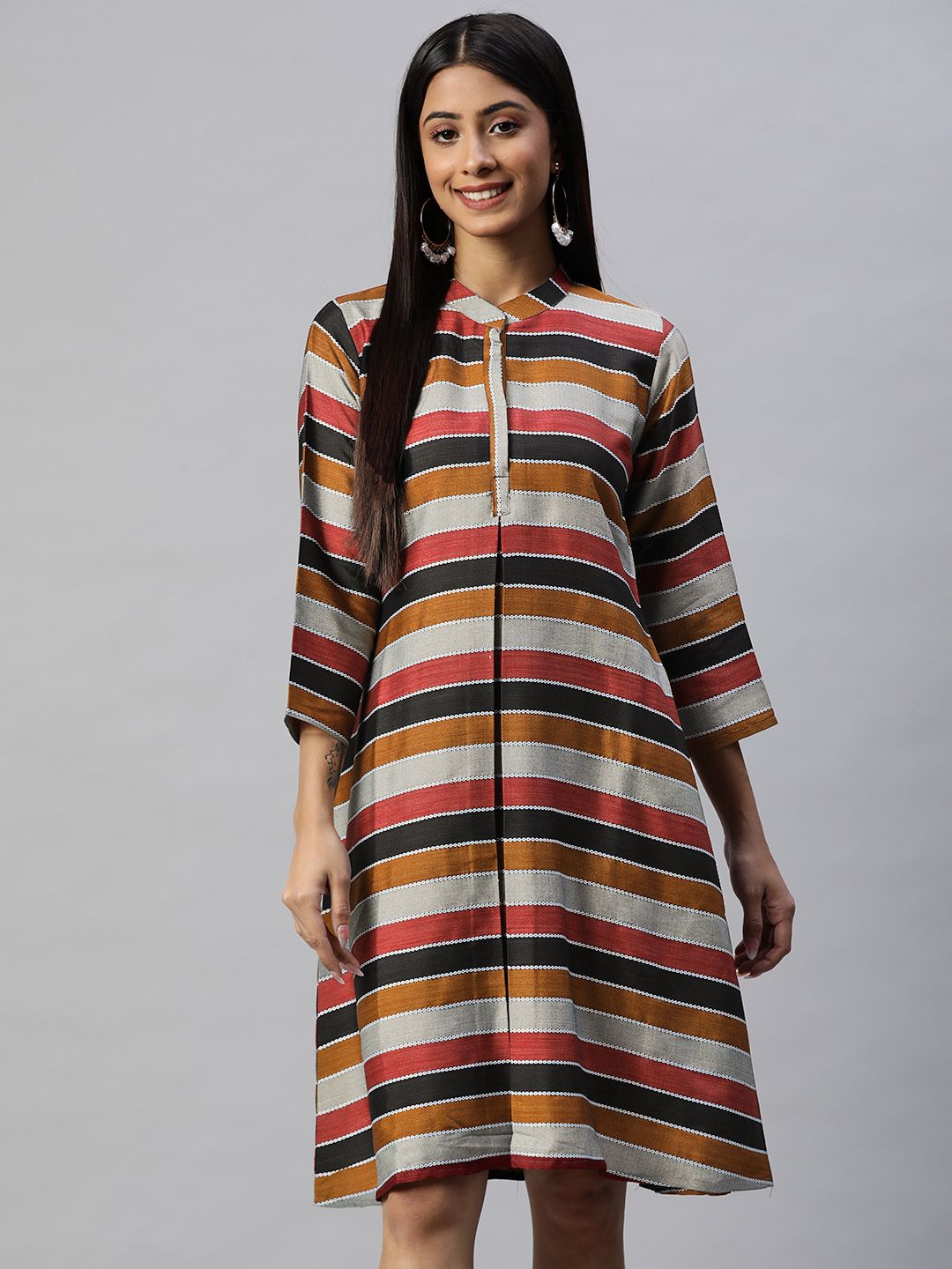 RAJGRANTH Women Maroon & Black Striped A-Line Dress Price in India