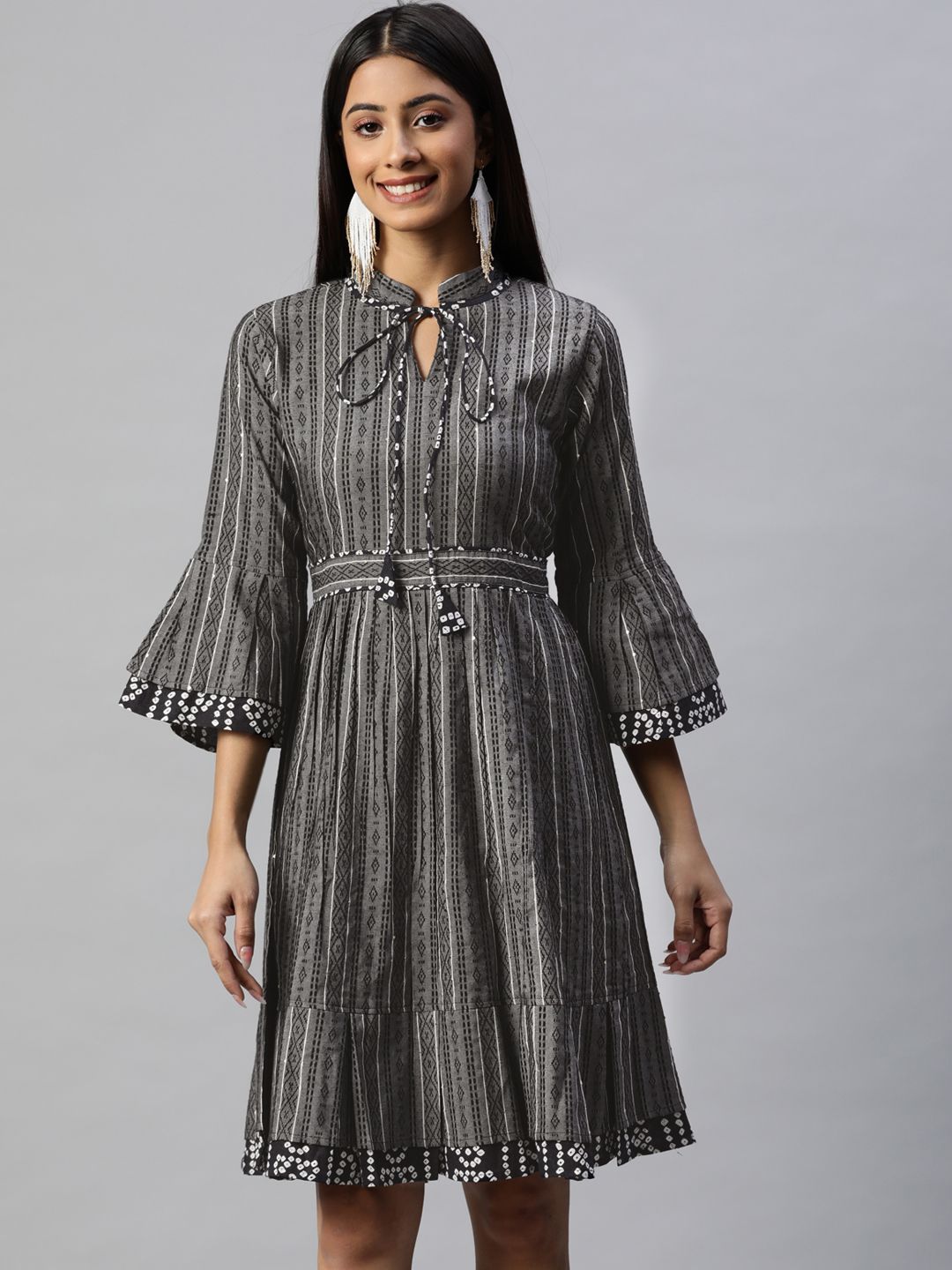 RAJGRANTH Women Grey & Black Striped Pure Cotton A-Line Midi Dress Price in India