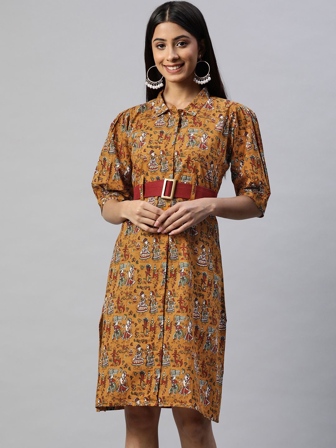 RAJGRANTH Women Mustard Yellow & Red Ethnic Printed Pure Cotton Shirt Dress Price in India