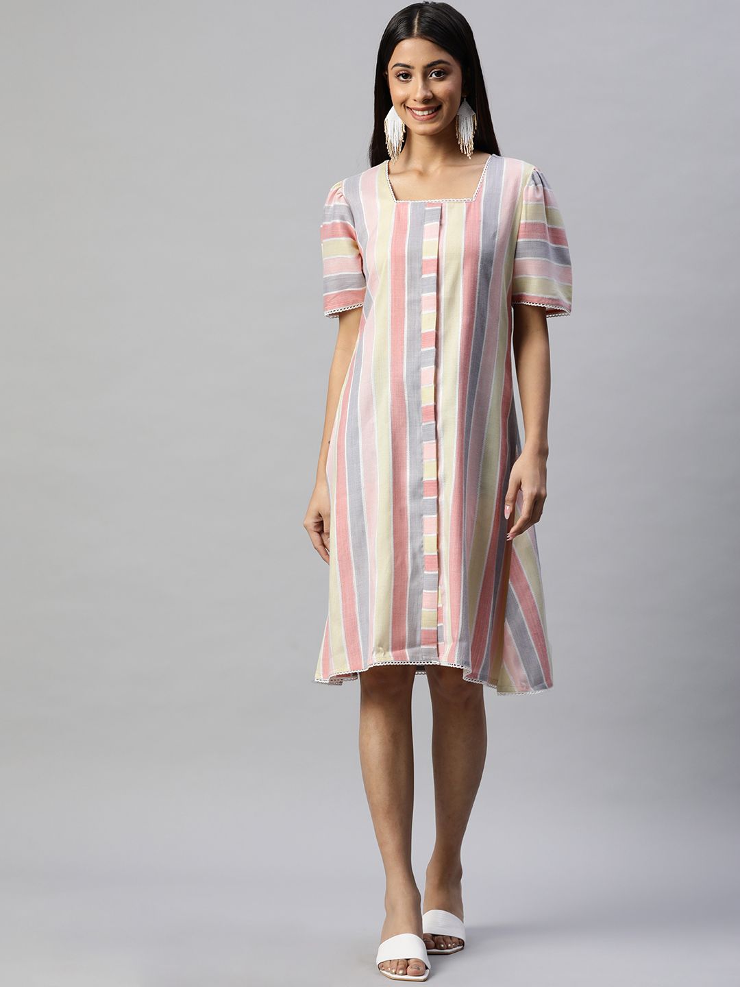 RAJGRANTH Women Cream-Coloured & Blue Striped Pure Cotton A-Line Dress Price in India