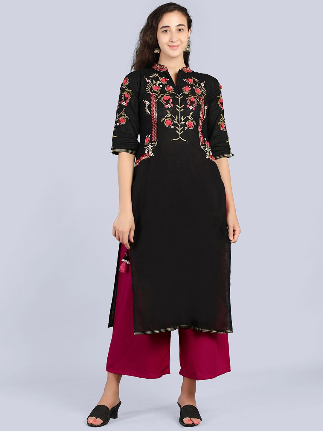 Pakiza Women Black Floral Yoke Design Thread Work Handloom Kurta Price in India
