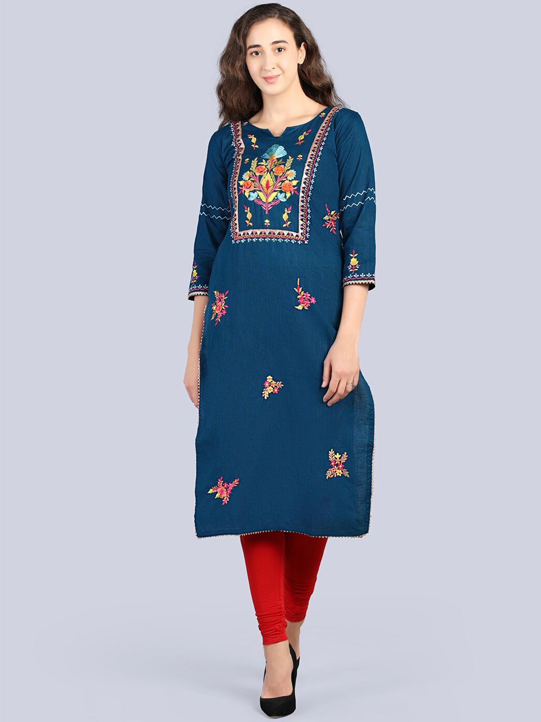 Pakiza Women Blue & prussian blue Floral Embroidered Flared Sleeves Handloom Kurta Price in India