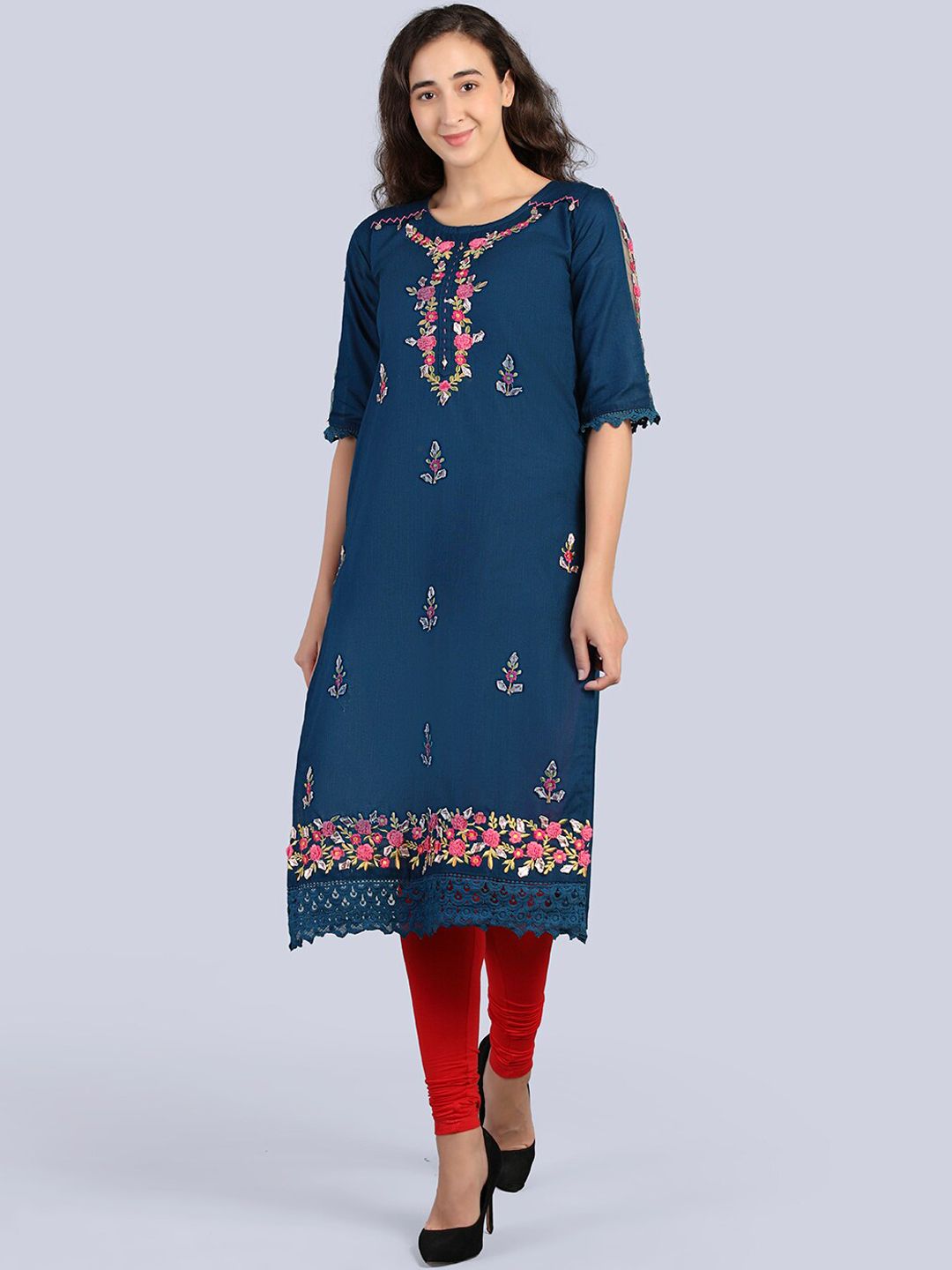 Pakiza Women Blue & prussian blue Ethnic Motifs Embroidered Thread Work Handloom Kurta Price in India