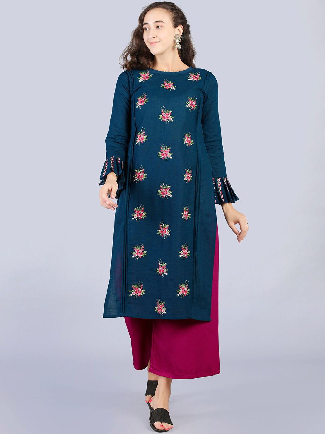 Pakiza Women Blue Ethnic Motifs Embroidered Flared Sleeves Thread Work Handloom Kurta Price in India
