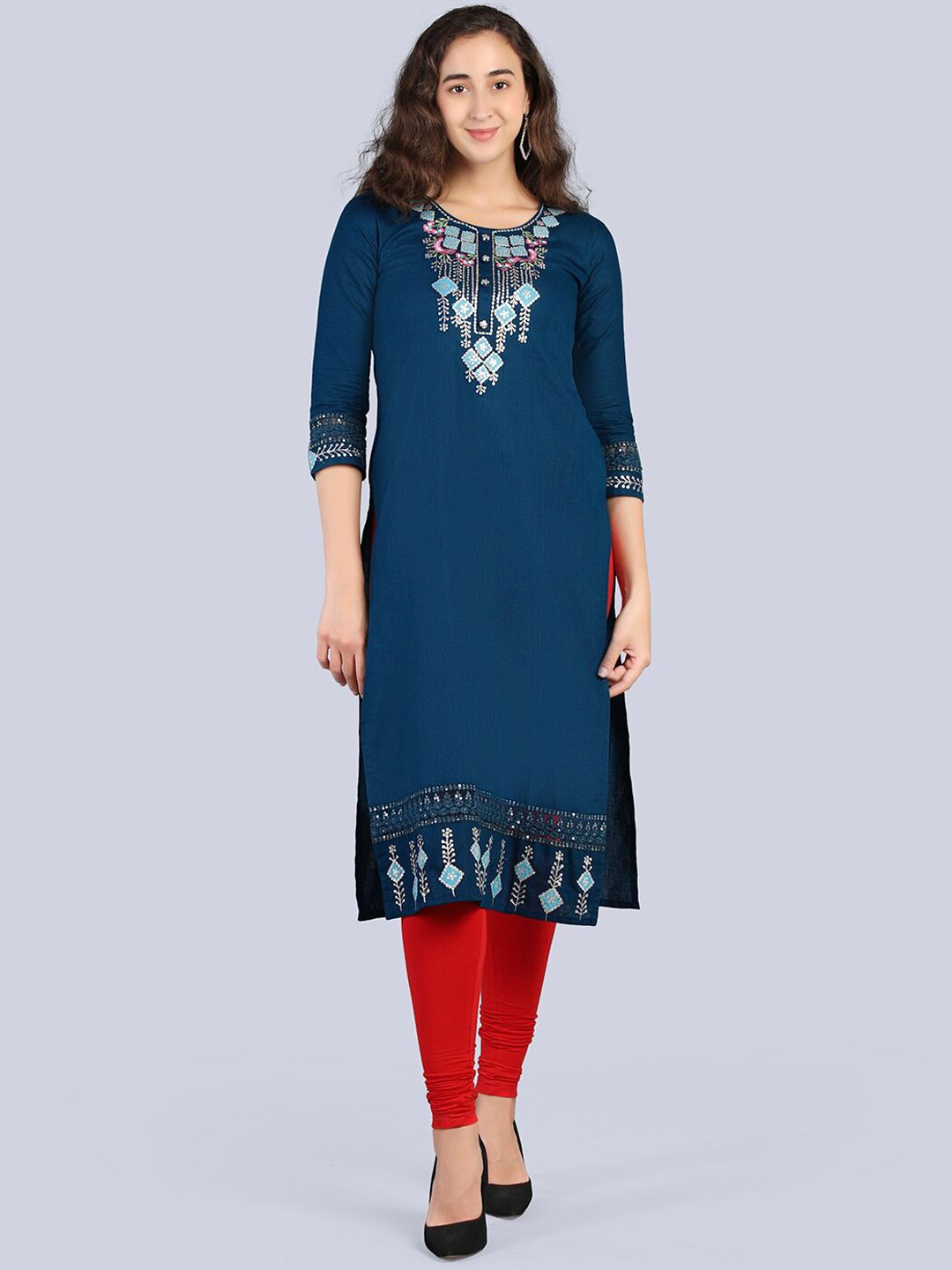Pakiza Women Blue Ethnic Motifs Flared Sleeves Mirror Work Handloom Kurta Price in India