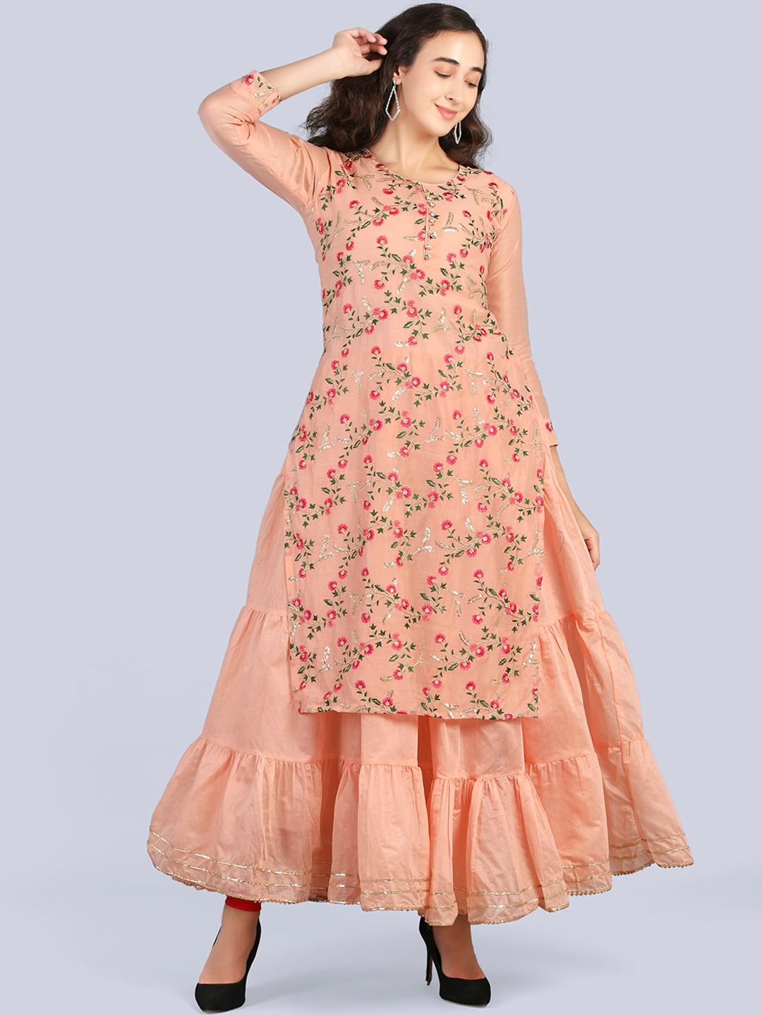 Pakiza Women Peach-Coloured & lilac hint Embellished Gotta Patti Handloom Anarkali Kurta Price in India