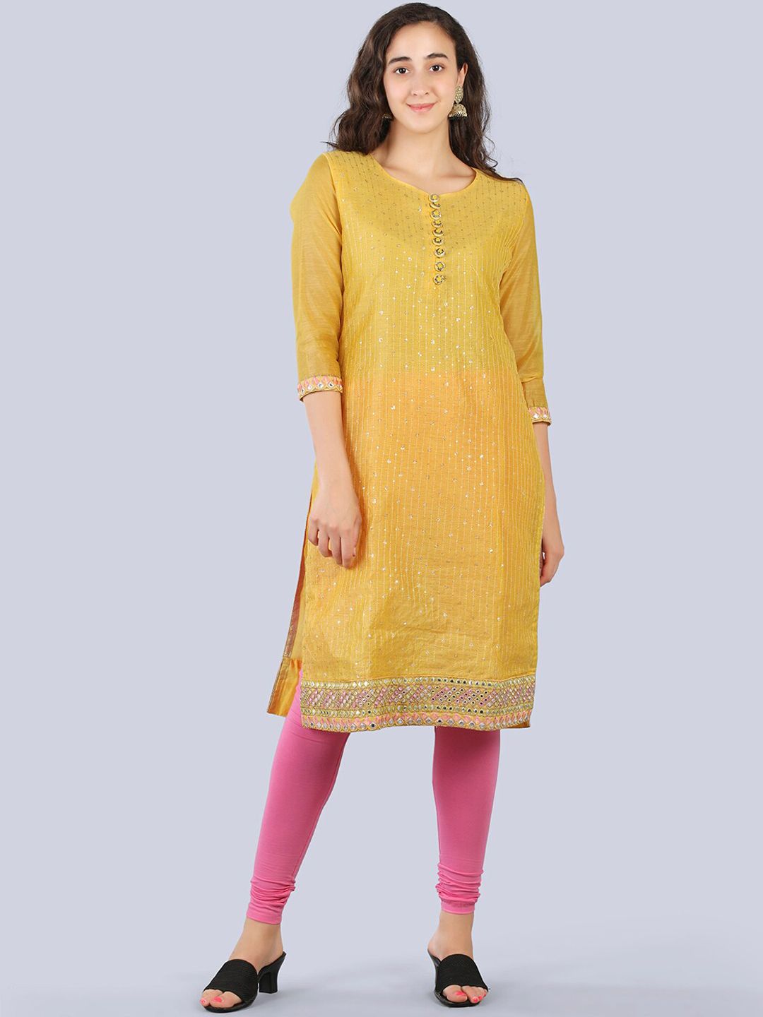 Pakiza Women Yellow Printed Flared Sleeves Thread Work Handloom Kaftan Kurta Price in India