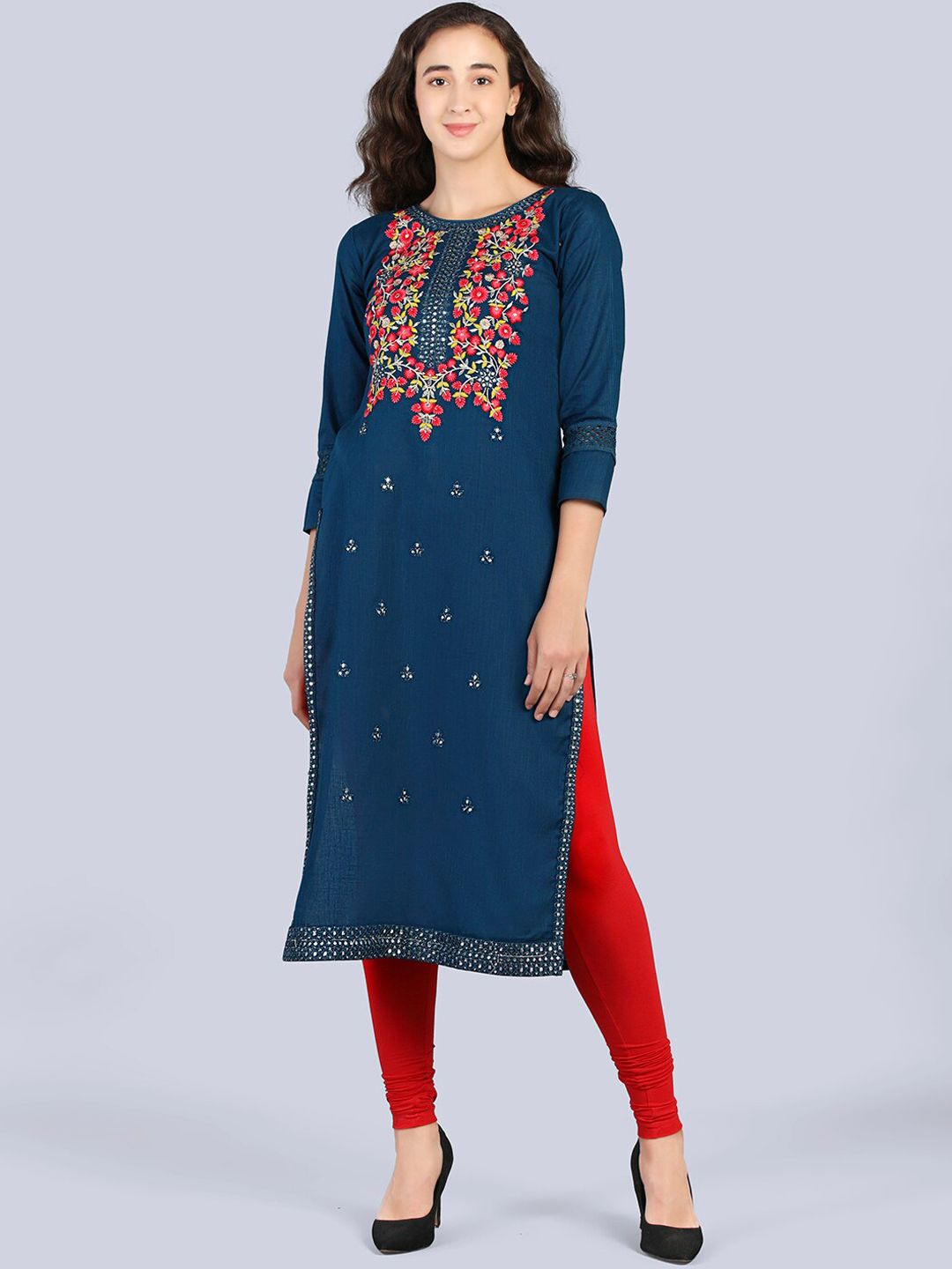 Pakiza Women Blue Geometric Embroidered Keyhole Neck Thread Work Handloom Kurta Price in India