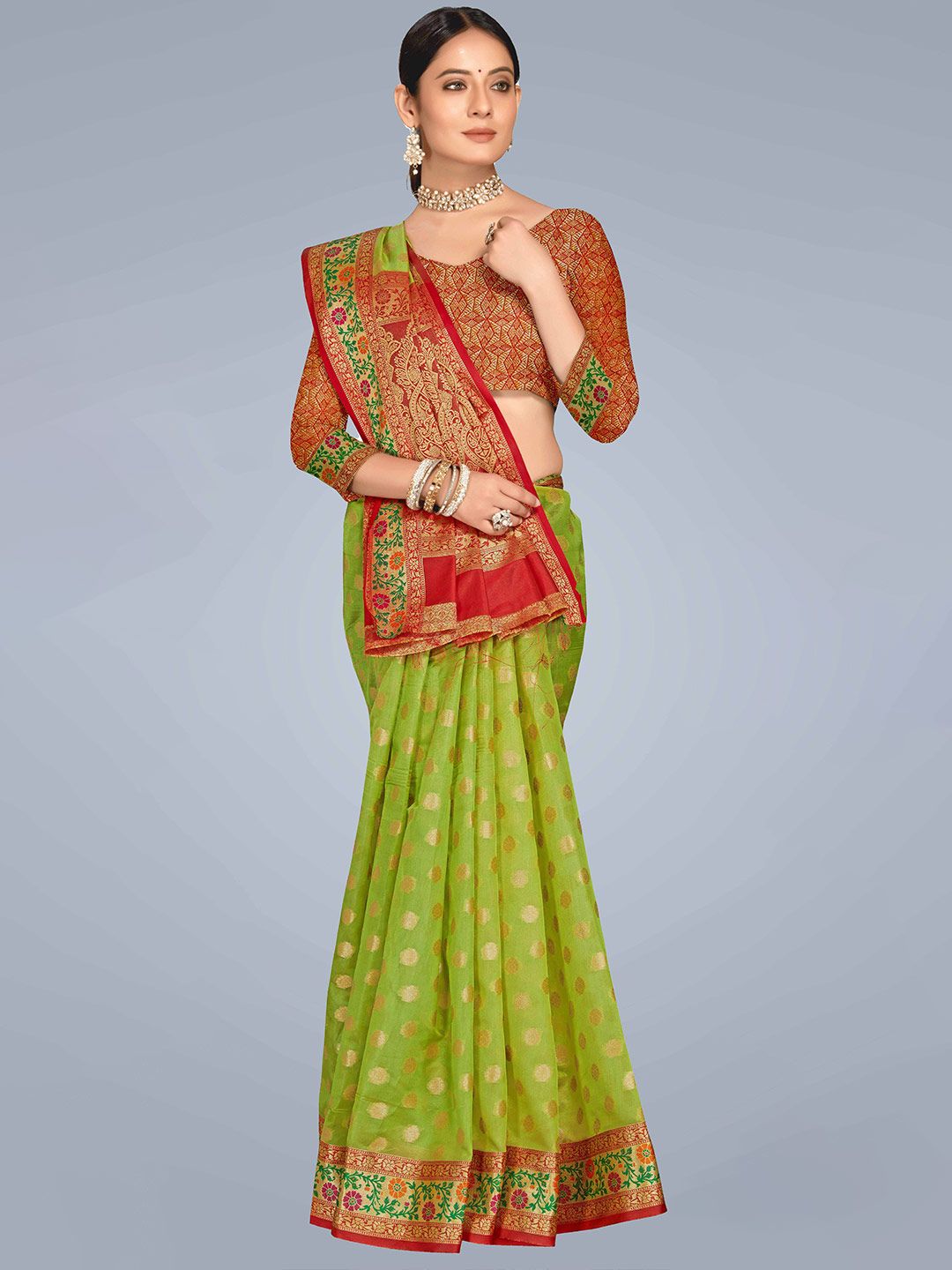 MS RETAIL Green & Red Woven Design Zari Organza Banarasi Saree Price in India