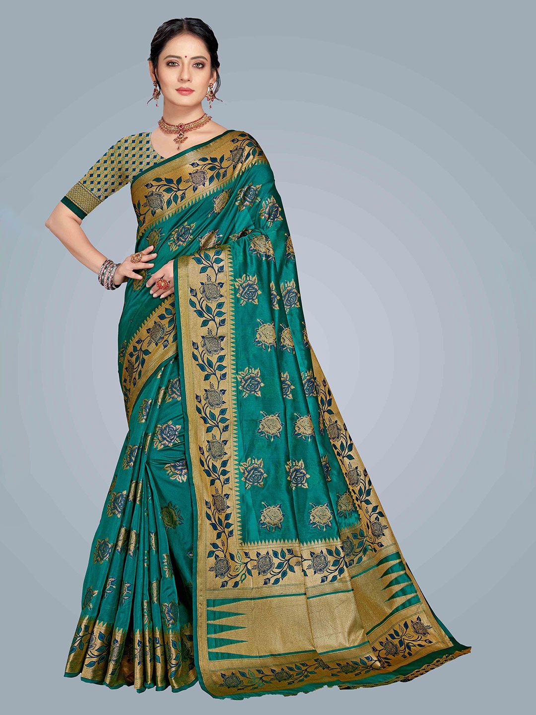 MS RETAIL Teal & Gold-Toned Woven Design Zari Organza Banarasi Saree Price in India