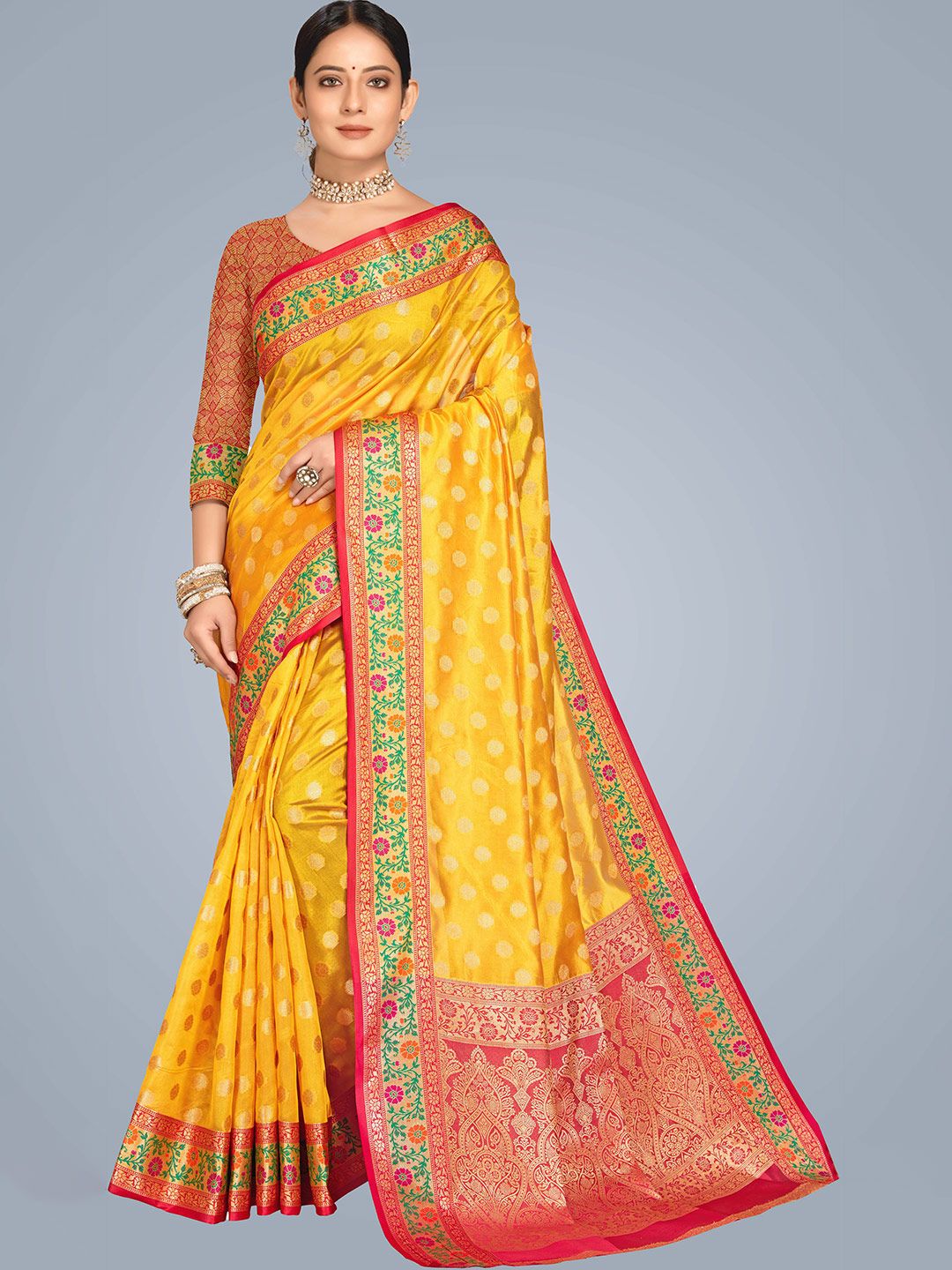 MS RETAIL Yellow & Red Woven Design Zari Organza Heavy Work Banarasi Saree Price in India