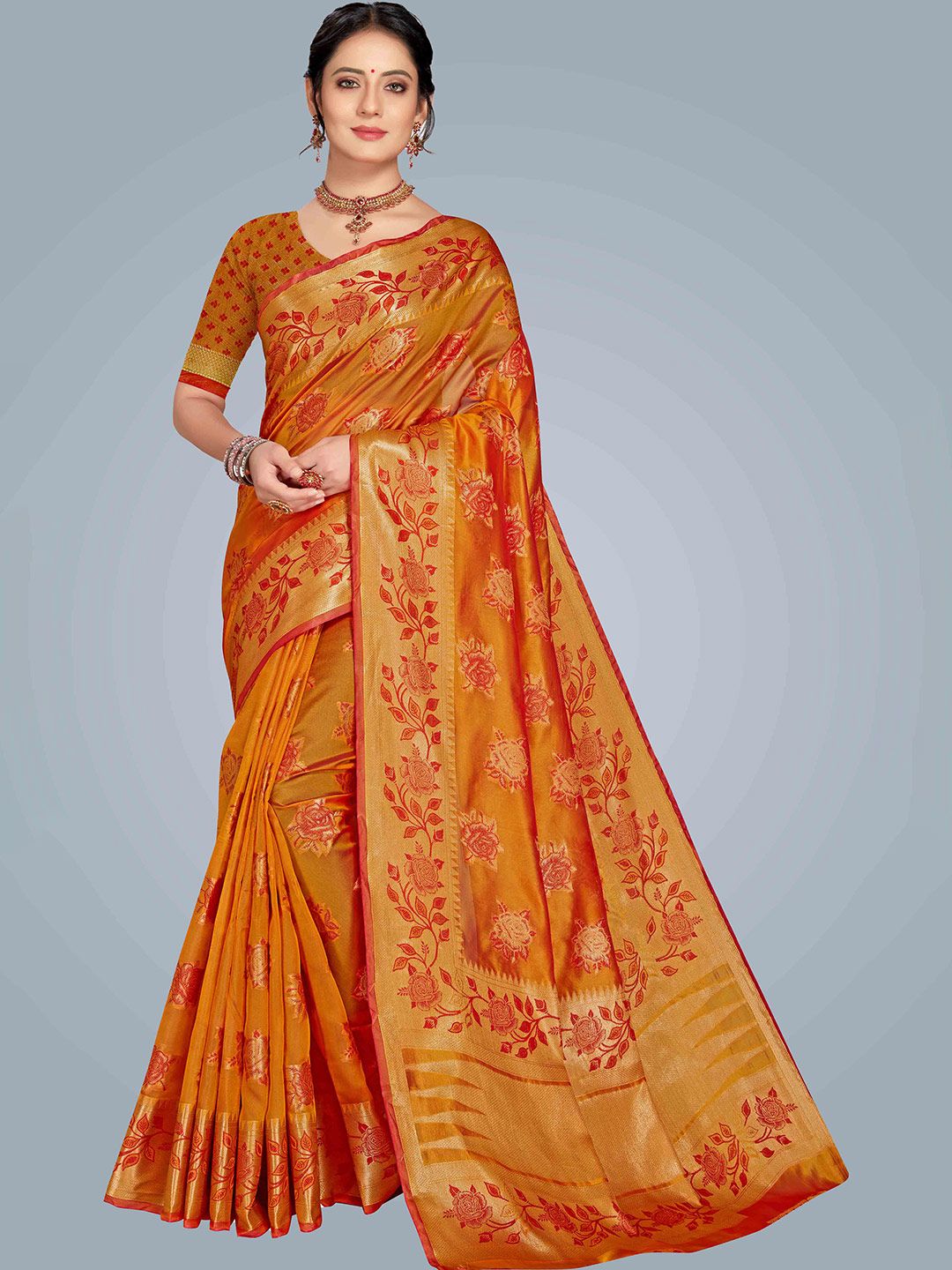 MS RETAIL Gold-Toned & Red Woven Design Organza Banarasi Saree Price in India