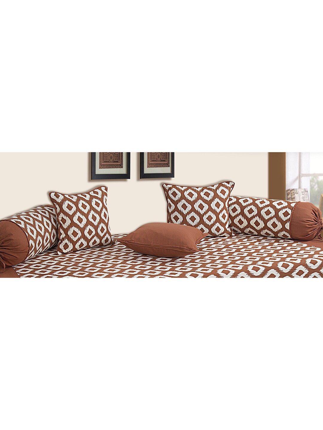 SHADES of LIFE Set Of 6 Mustard Self Design Woven Diwan Set With Bolsters & Cushions Price in India