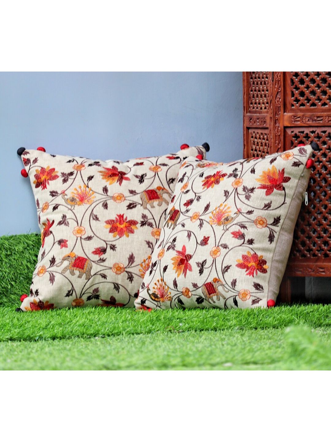 SHADES of LIFE Off White & Brown Set of 2 Cotton Floral Square Cushion Covers Price in India