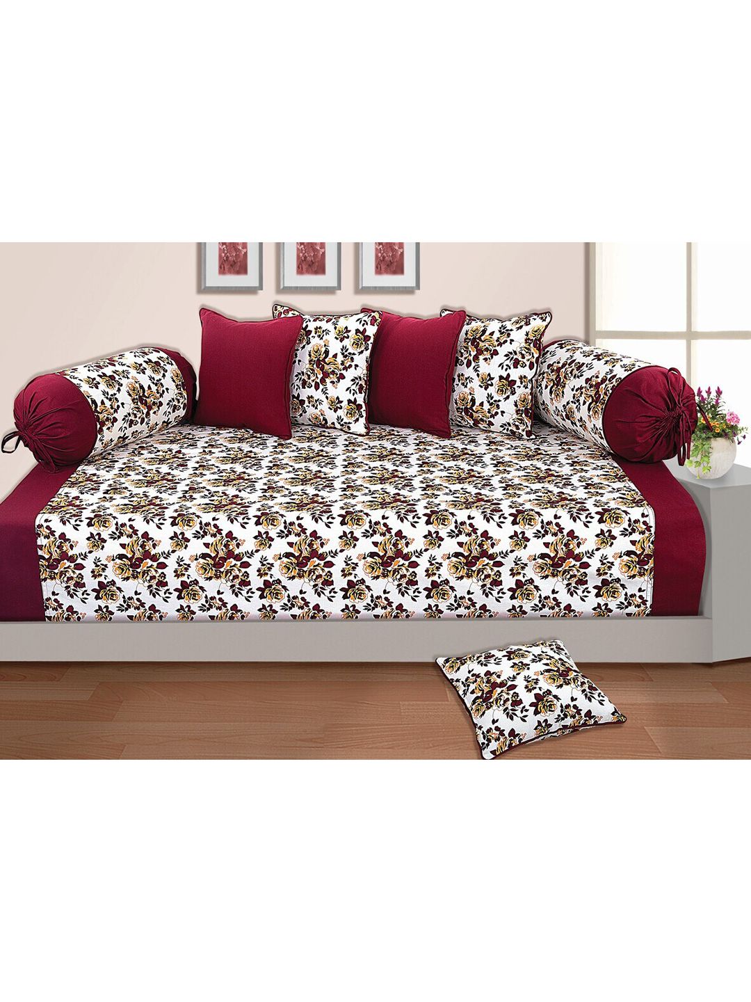 SHADES of LIFE White & Maroon Floral 8-Pcs Cotton Bedsheet With Bolster & Cushion Covers Price in India