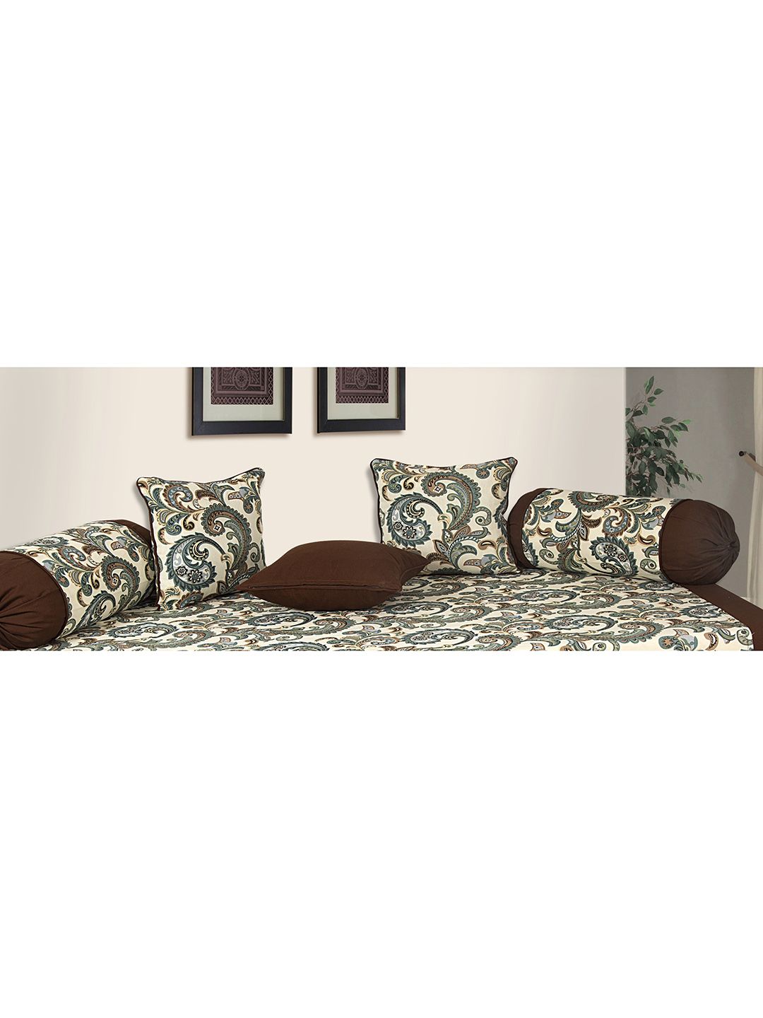 SHADES of LIFE Set Of 6 Brown Printed Woven Diwan Set With Bolsters & Cushions Price in India