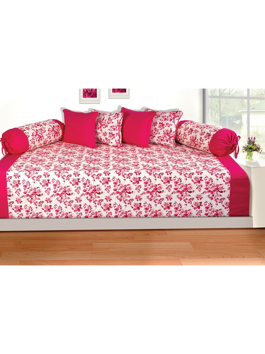 SHADES of LIFE White & Pink Floral  8-Pcs Cotton Bedsheet With Bolster & Cushion Covers Price in India