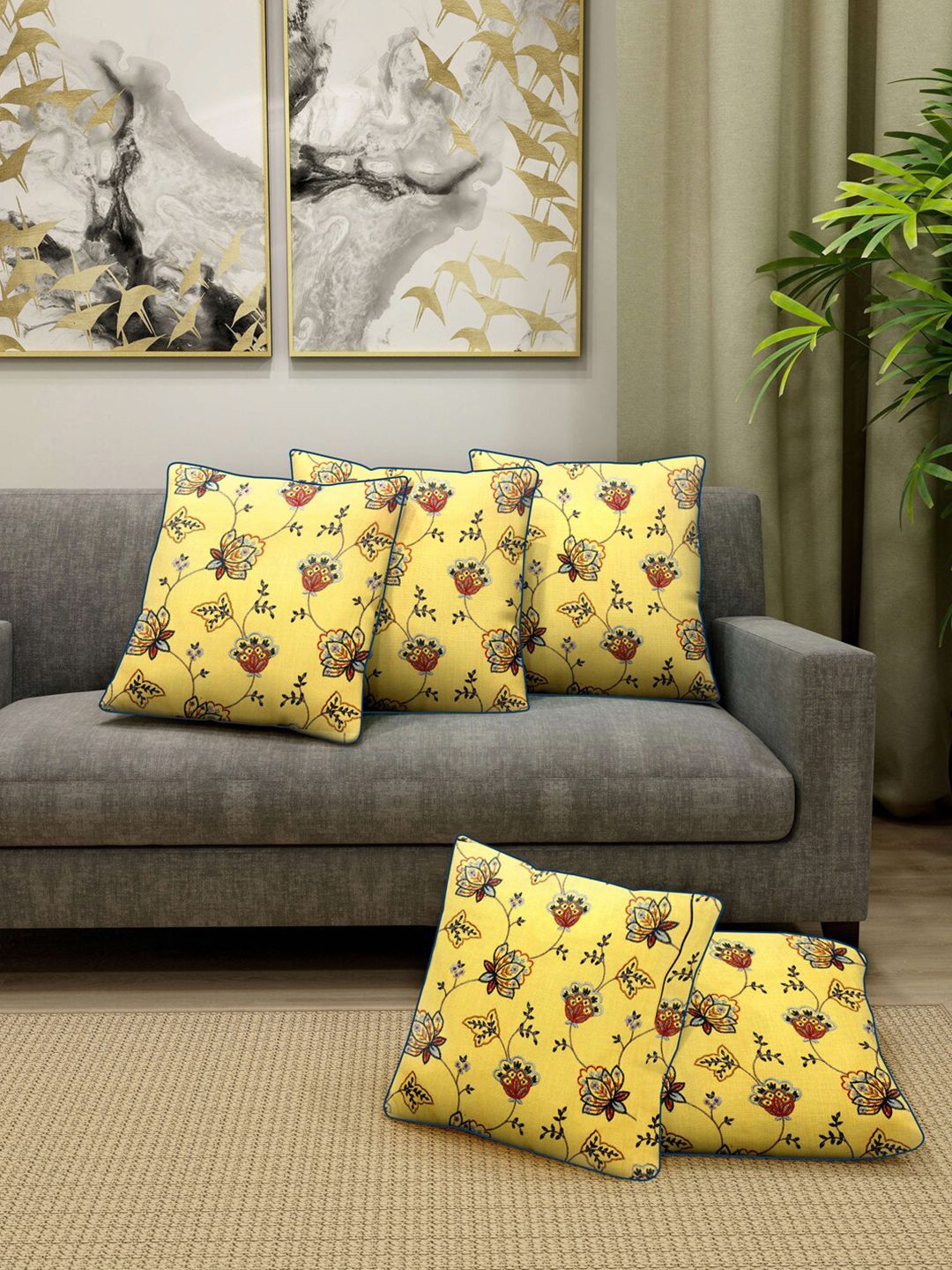 SHADES of LIFE Yellow & Blue Set of 5 Floral Square Cushion Covers Price in India