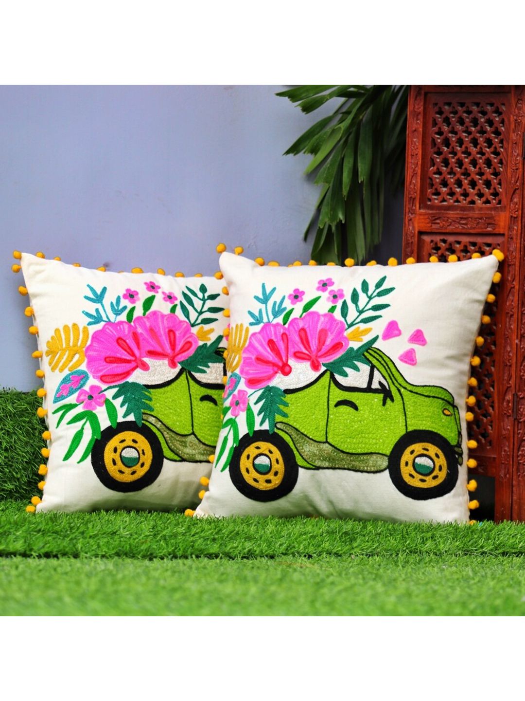 SHADES of LIFE Off White & Green Set of 2 Embroidered Square Cushion Covers Price in India