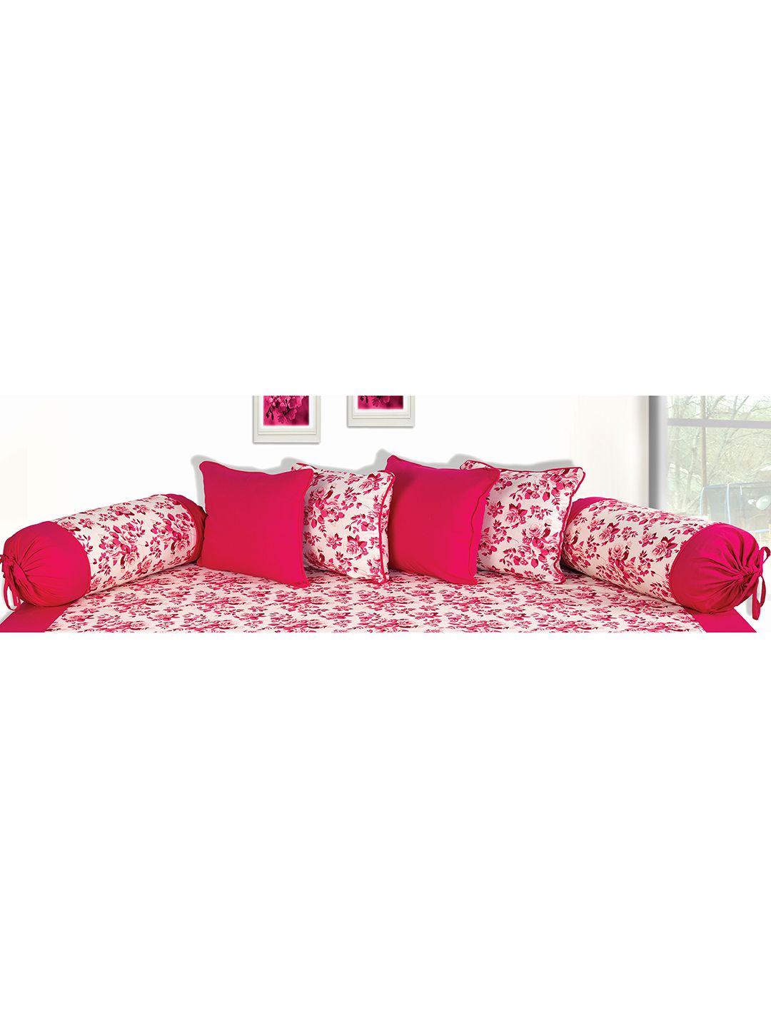 SHADES of LIFE White & Pink Floral 6-Pcs Cotton Bedsheet With Bolster & Cushion Covers Price in India