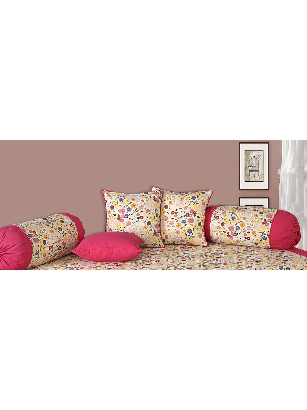 SHADES of LIFE Set Of 6 Pink & Beige Floral Printed Cotton Diwan Set Price in India